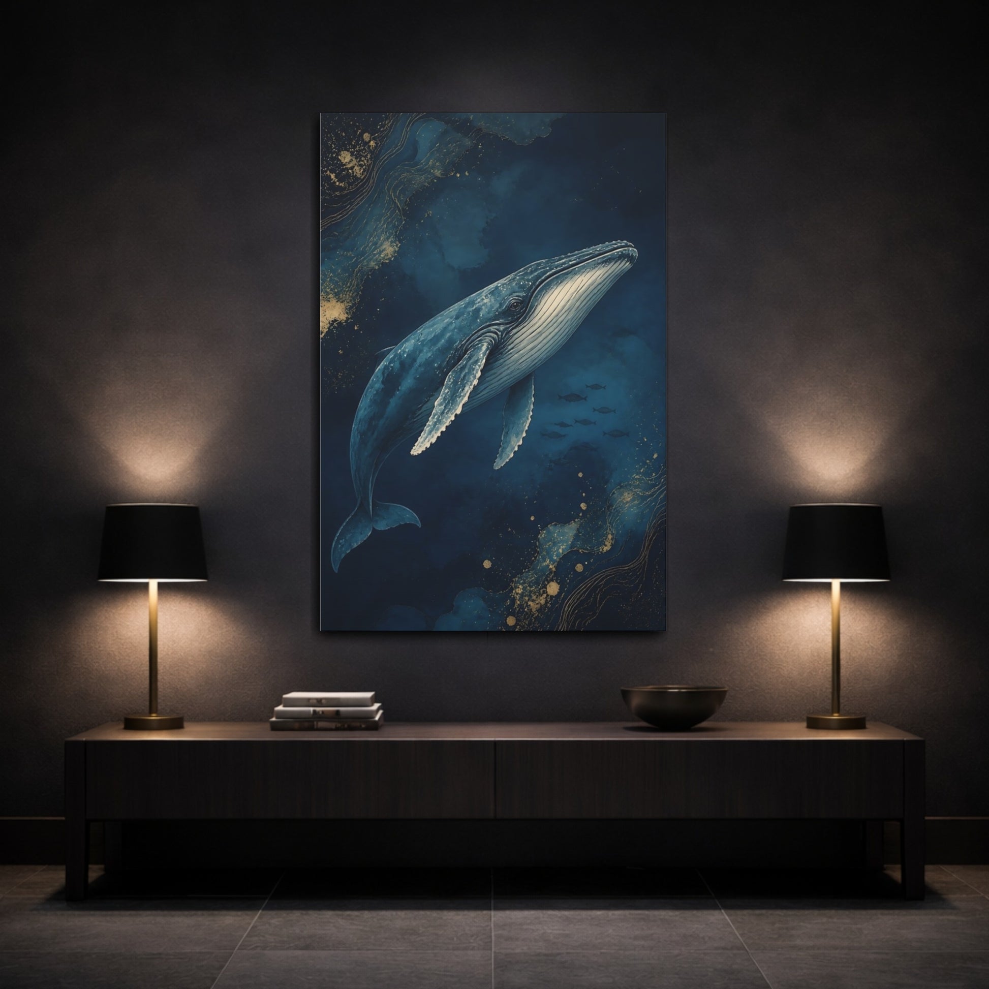 Mockup 3. Animals Twilight Blue Whale shown as canvas print