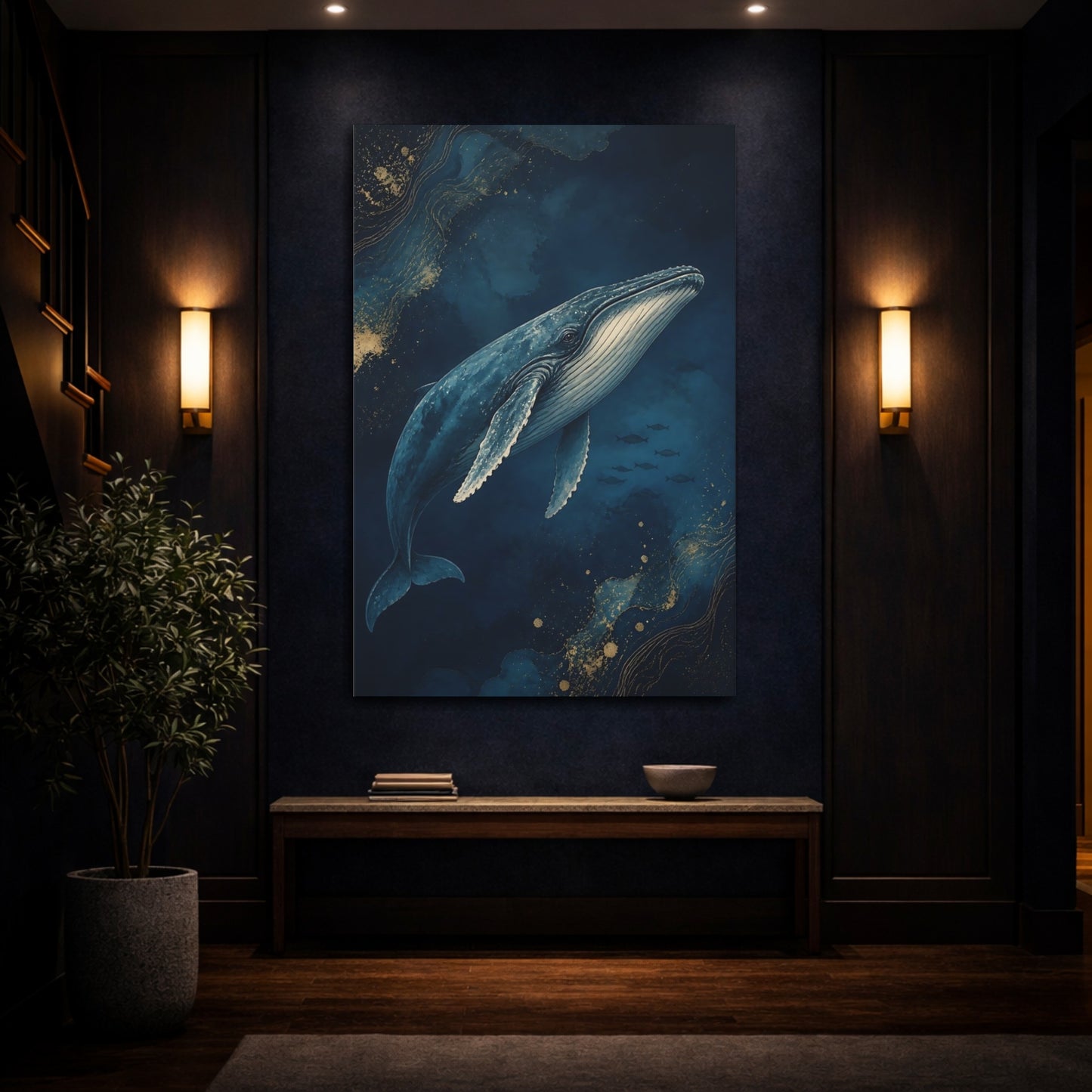 Mockup 4. Animals Twilight Blue Whale shown as canvas print