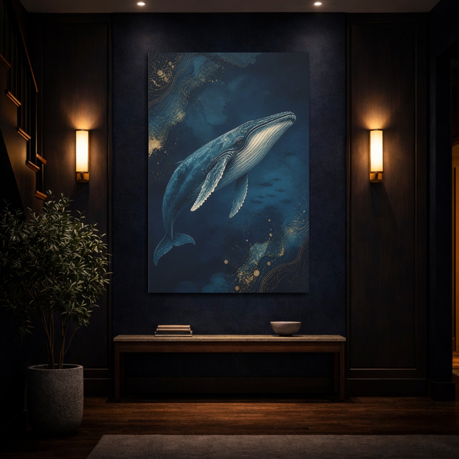Mockup 4. Animals Twilight Blue Whale shown as canvas print