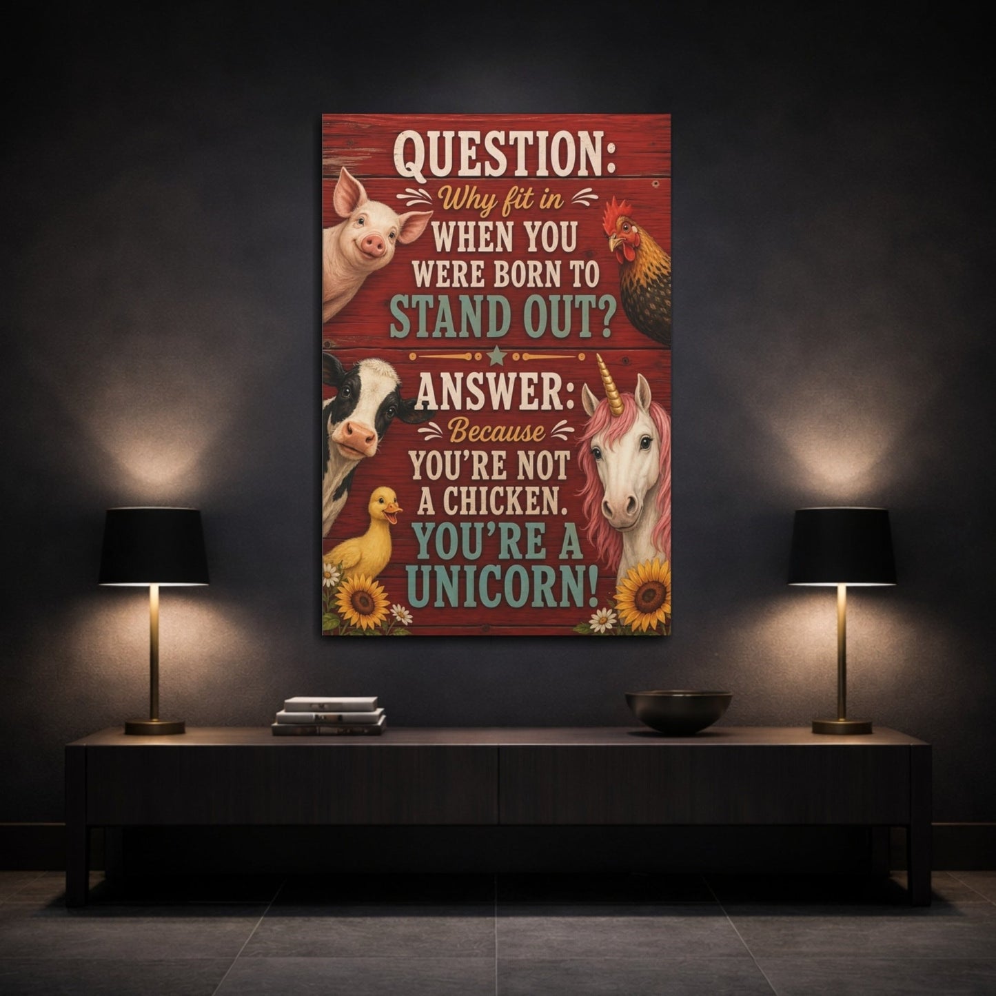 Animals Unicorn Funny Quote Canvas Print – Kids Room, Above Crib, Red - YesArtYes