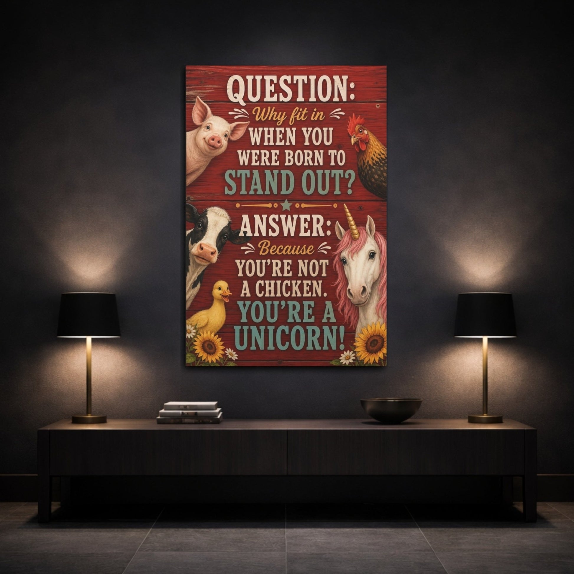 Animals Unicorn Funny Quote Canvas Print – Kids Room, Above Crib, Red - YesArtYes