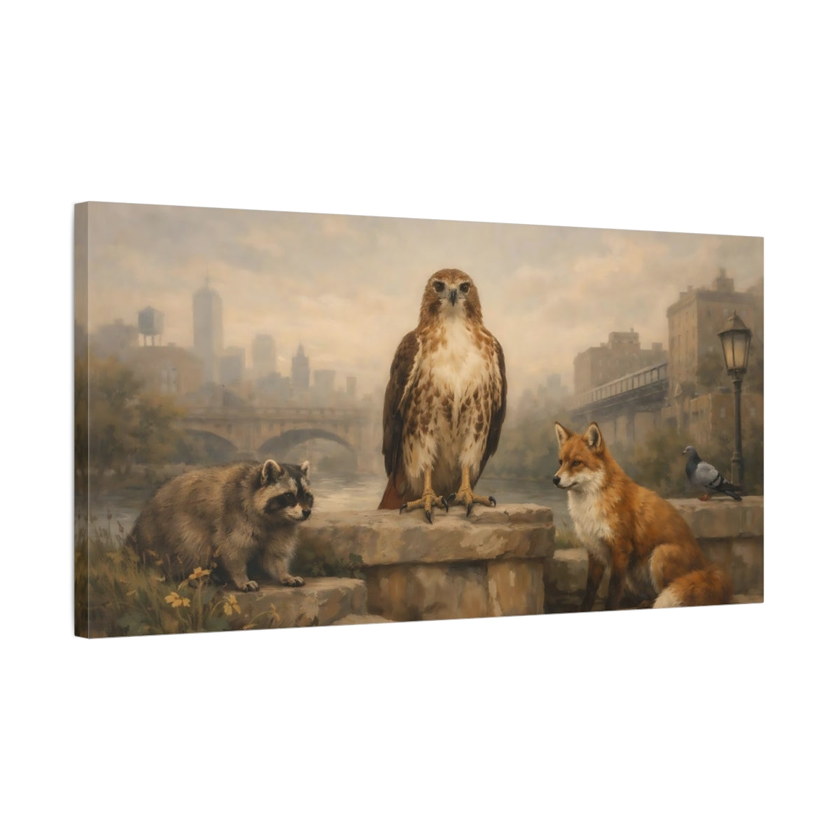 Side Mockup 2. Animals Urban Wildlife Brown And Grey shown as stretched canvas wall art
