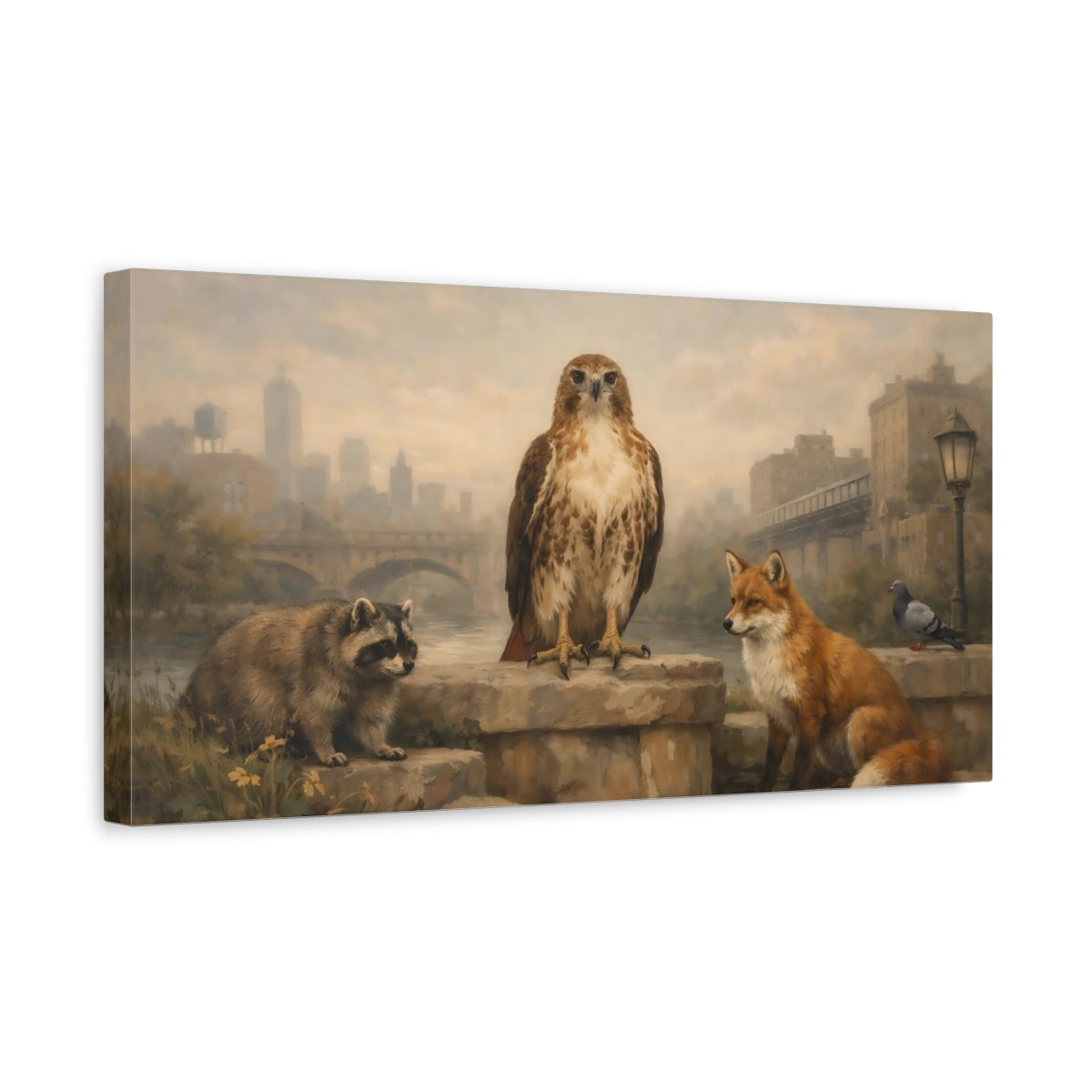 Side Mockup 3. Animals Urban Wildlife Brown And Grey shown as stretched canvas wall art