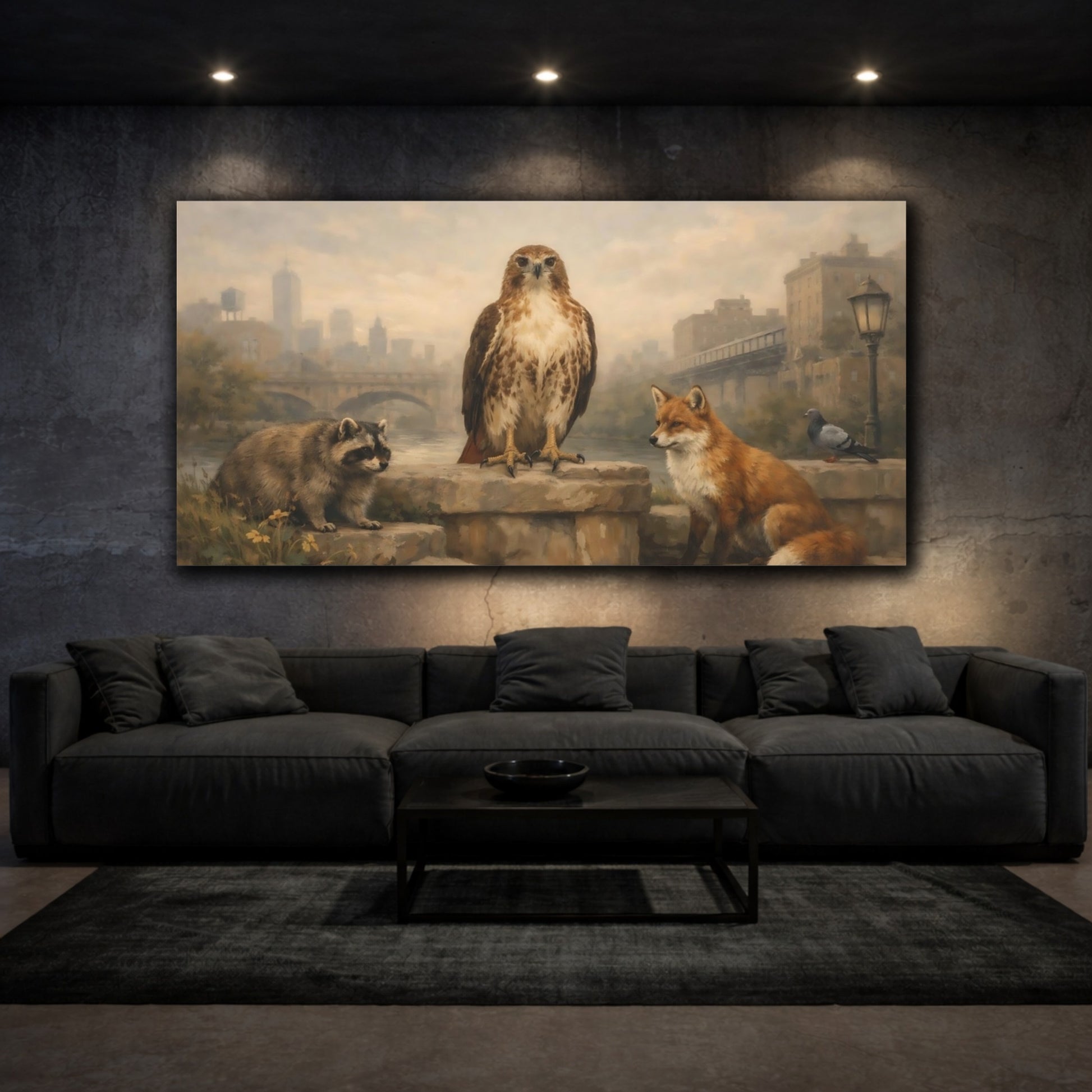 Mockup 2. Animals Urban Wildlife Brown And Grey shown as stretched canvas wall art