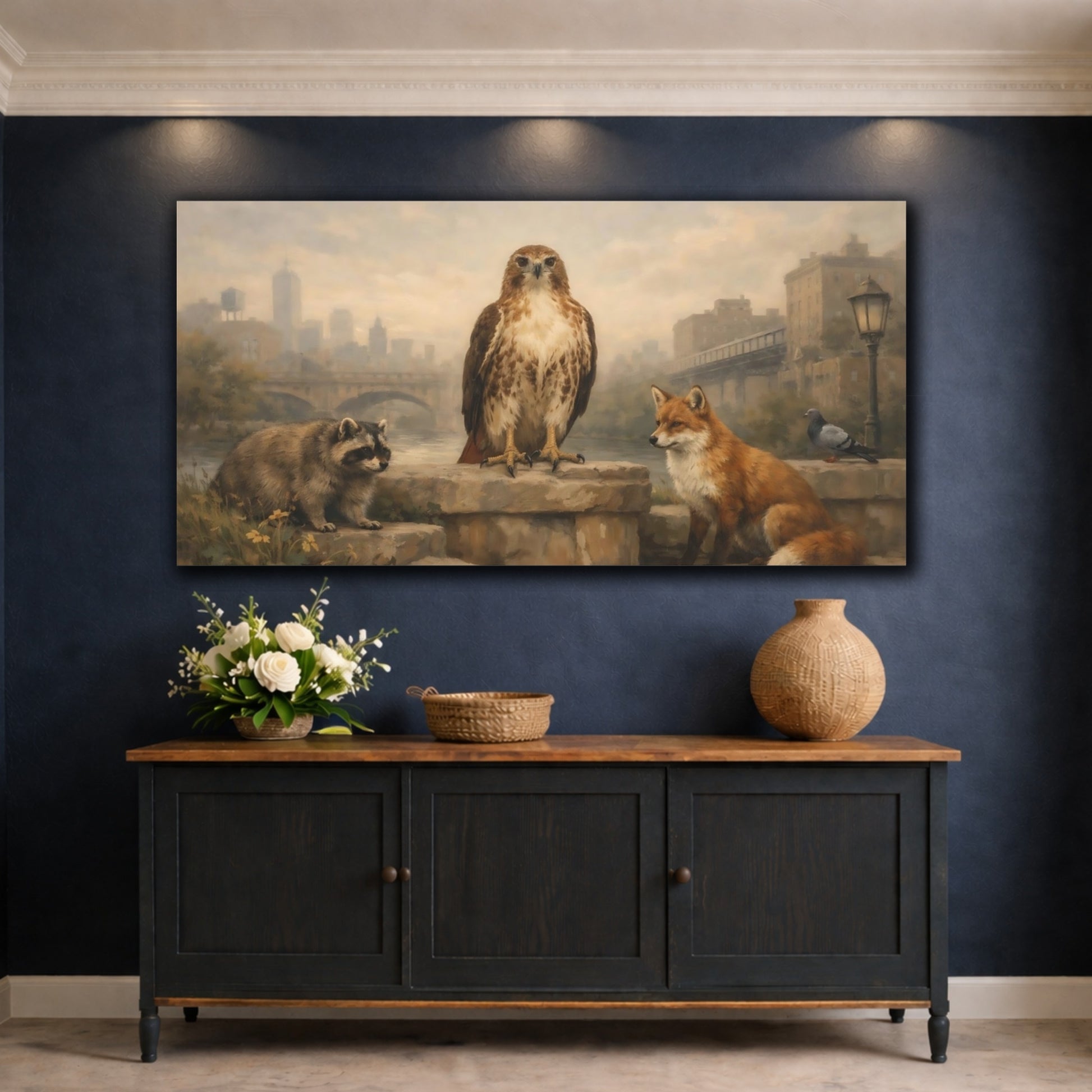 Mockup 4. Animals Urban Wildlife Brown And Grey shown as stretched canvas wall art