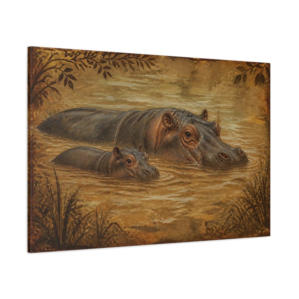 Animals Vintage Hippo Mother And Calf Canvas Print – Living Room, Above Couch - YesArtYes