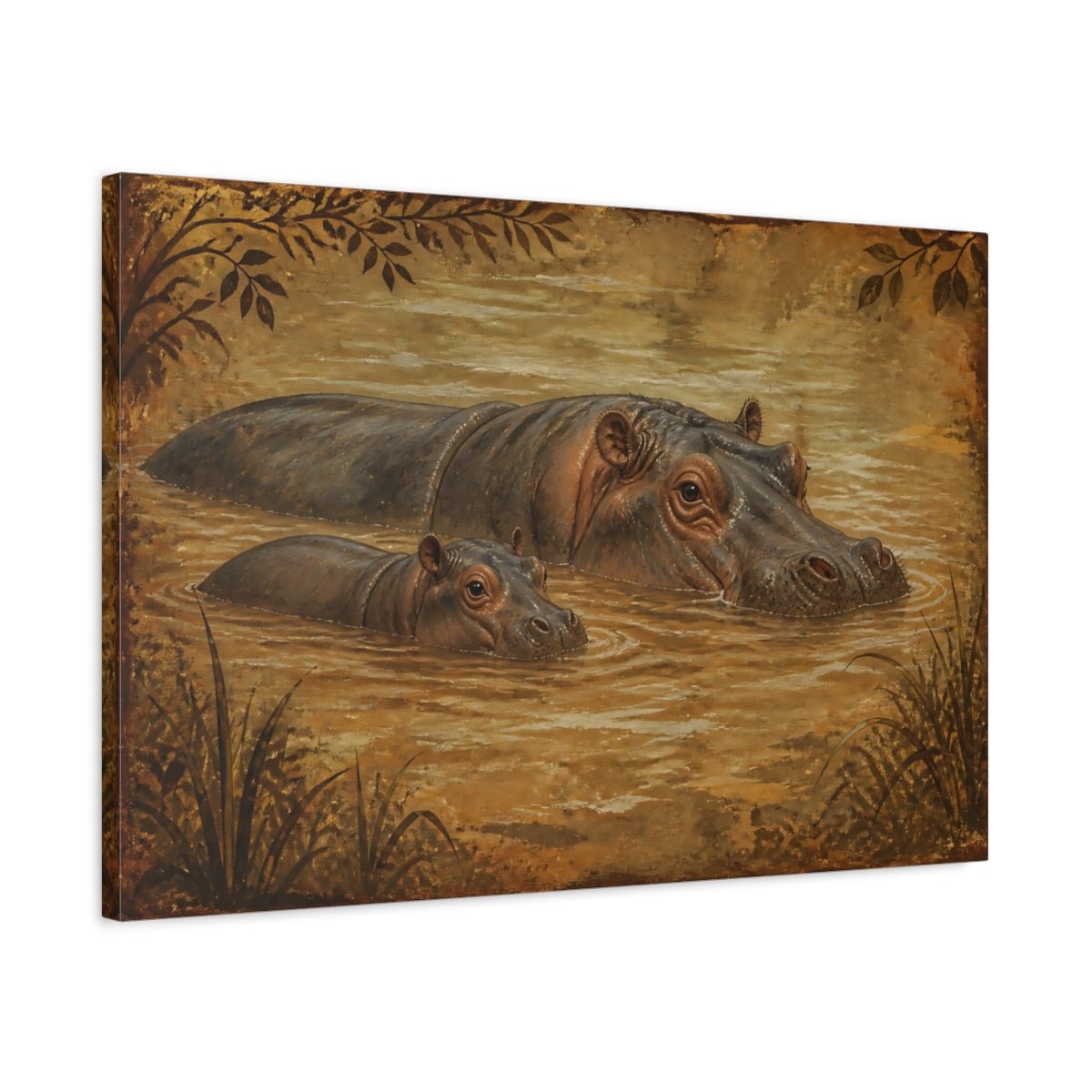 Animals Vintage Hippo Mother And Calf Canvas Print – Living Room, Above Couch - YesArtYes