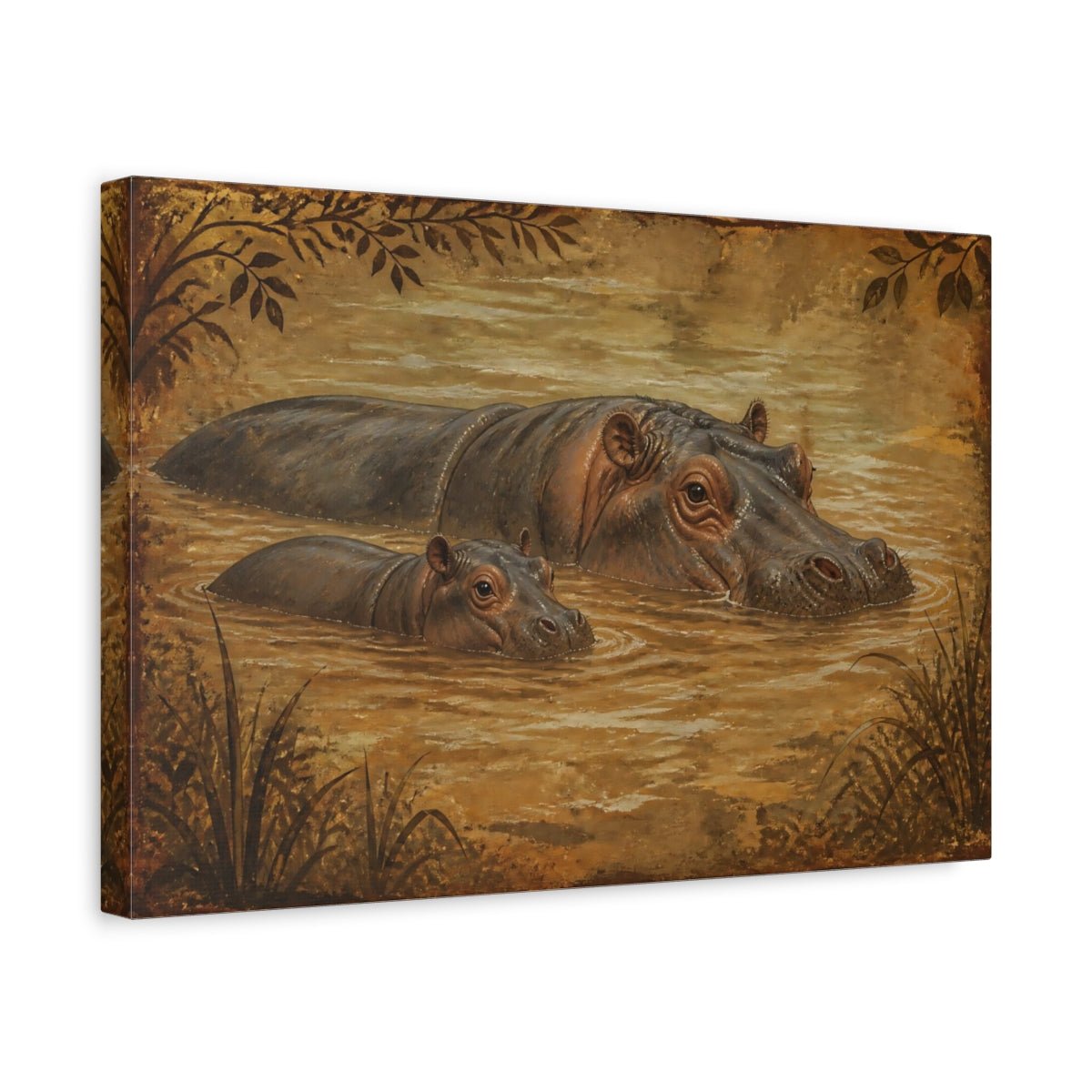 Animals Vintage Hippo Mother And Calf Canvas Print – Living Room, Above Couch - YesArtYes