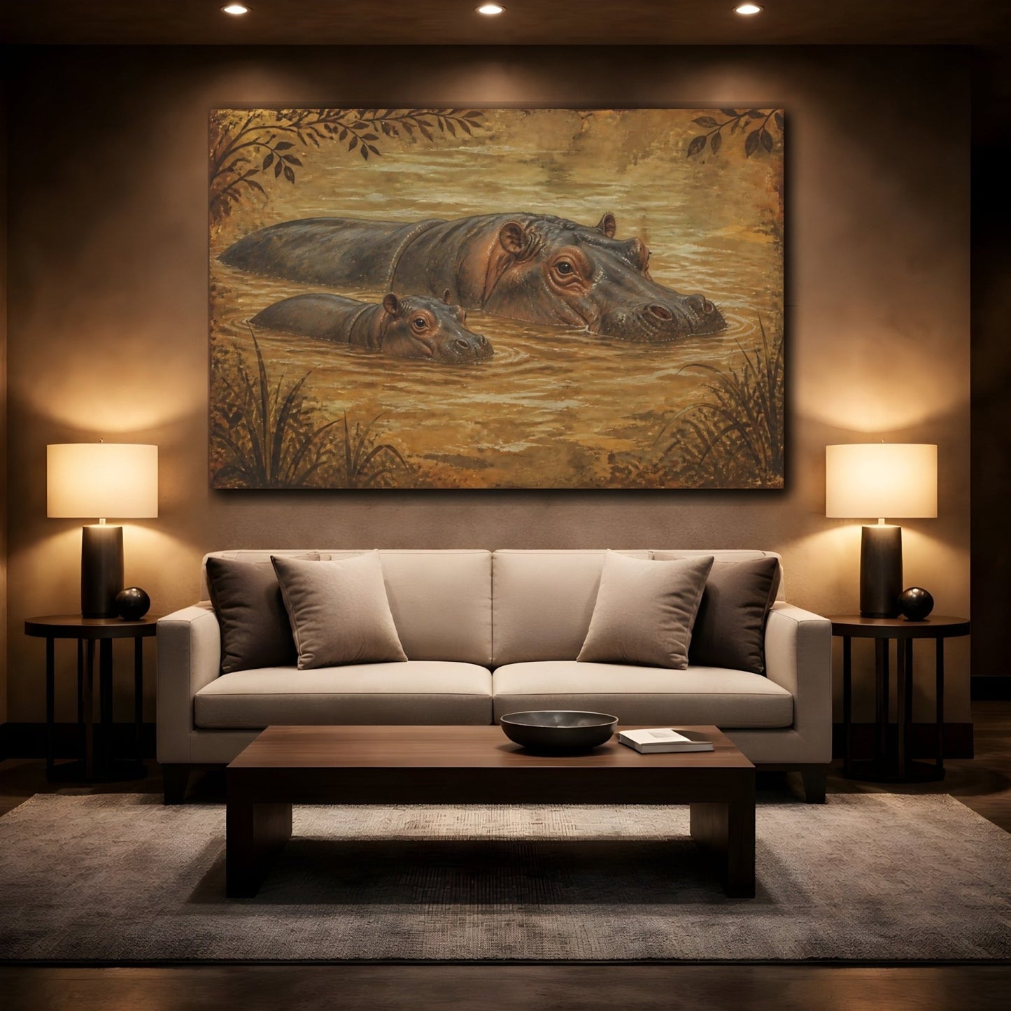 Animals Vintage Hippo Mother And Calf Canvas Print – Living Room, Above Couch - YesArtYes