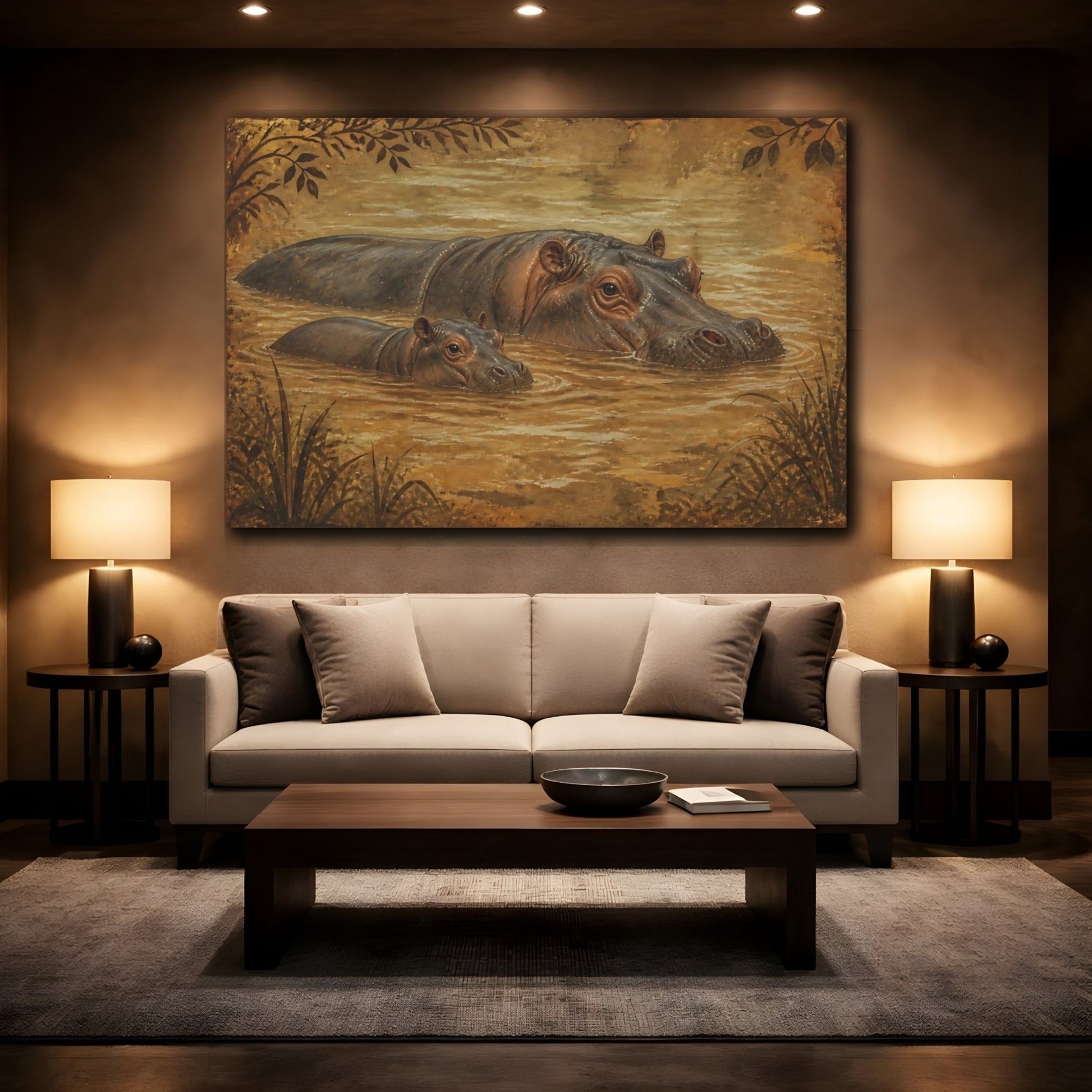Animals Vintage Hippo Mother And Calf Canvas Print – Living Room, Above Couch - YesArtYes