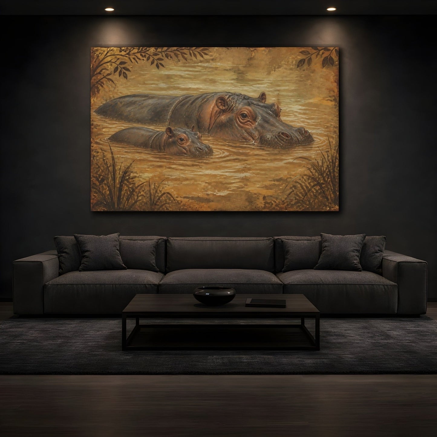 Animals Vintage Hippo Mother And Calf Canvas Print – Living Room, Above Couch - YesArtYes