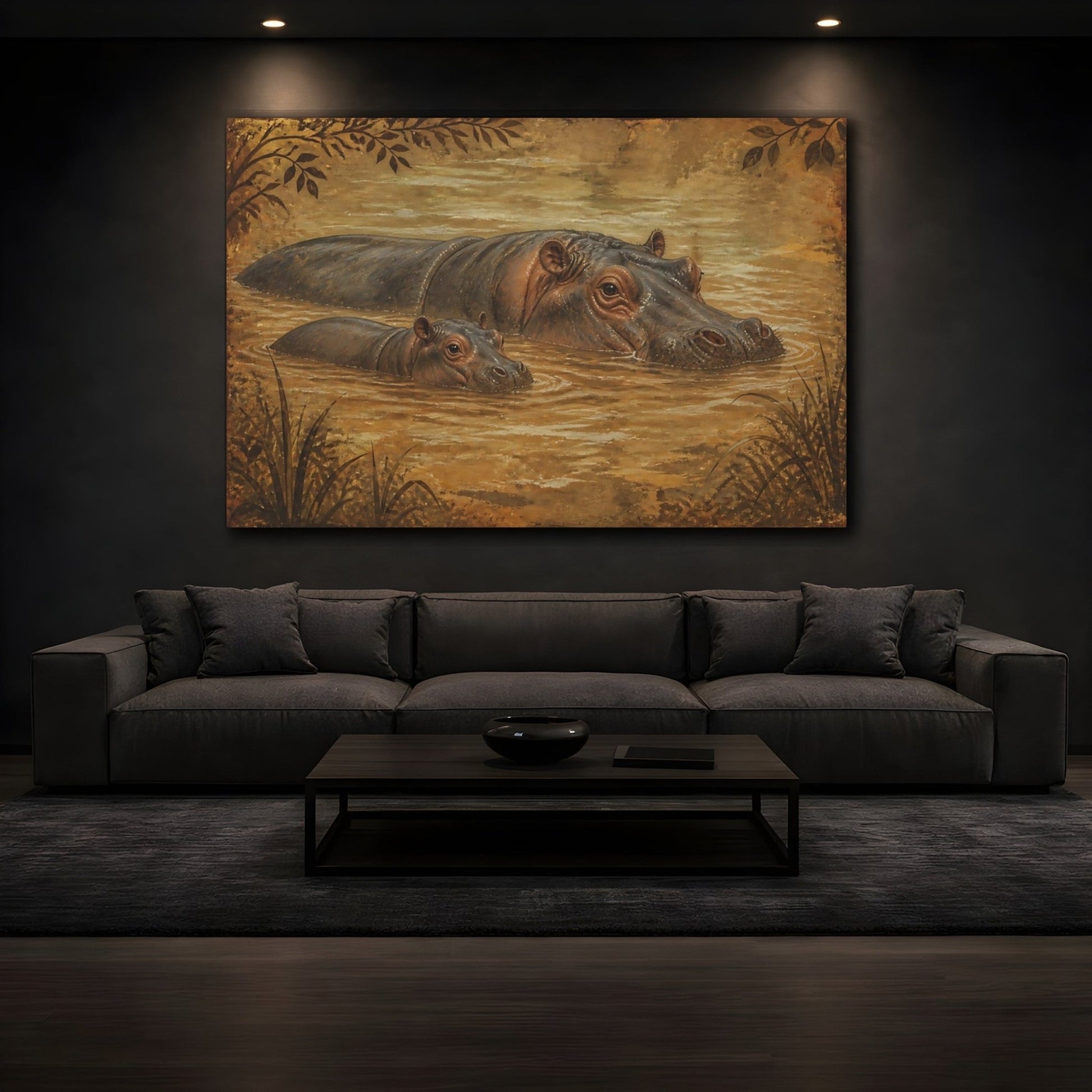Animals Vintage Hippo Mother And Calf Canvas Print – Living Room, Above Couch - YesArtYes