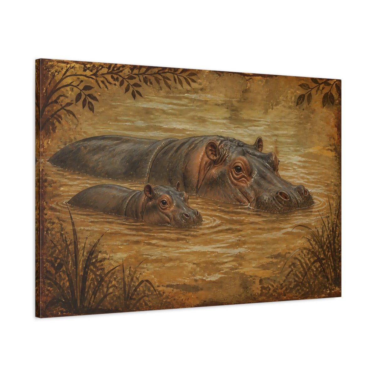 Animals Vintage Hippo Mother And Calf Canvas Print – Living Room, Above Couch - YesArtYes