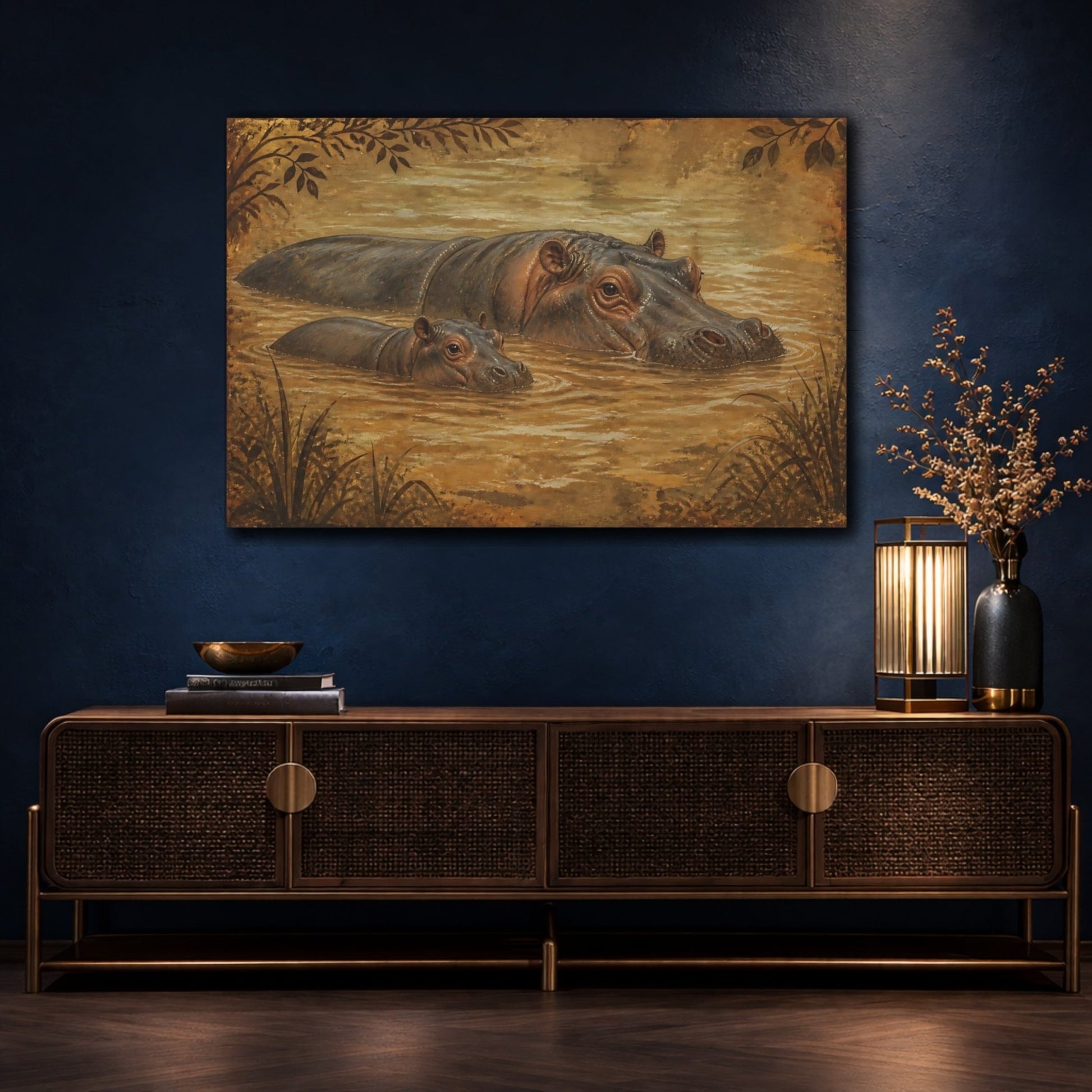 Animals Vintage Hippo Mother And Calf Canvas Print – Living Room, Above Couch - YesArtYes