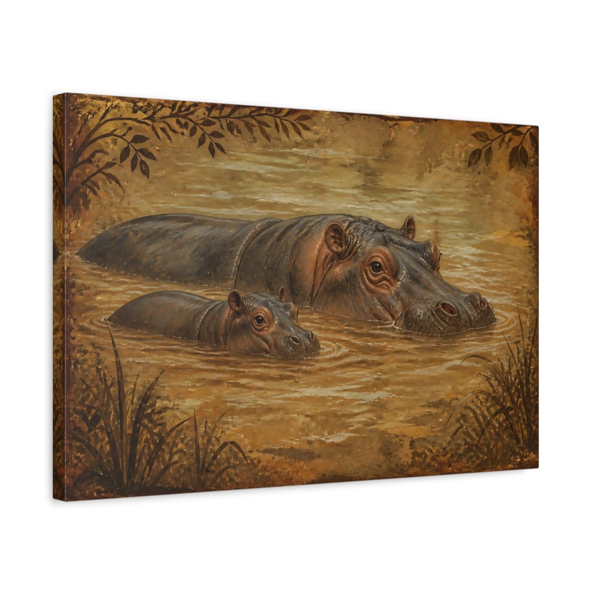 Animals Vintage Hippo Mother And Calf Canvas Print – Living Room, Above Couch - YesArtYes