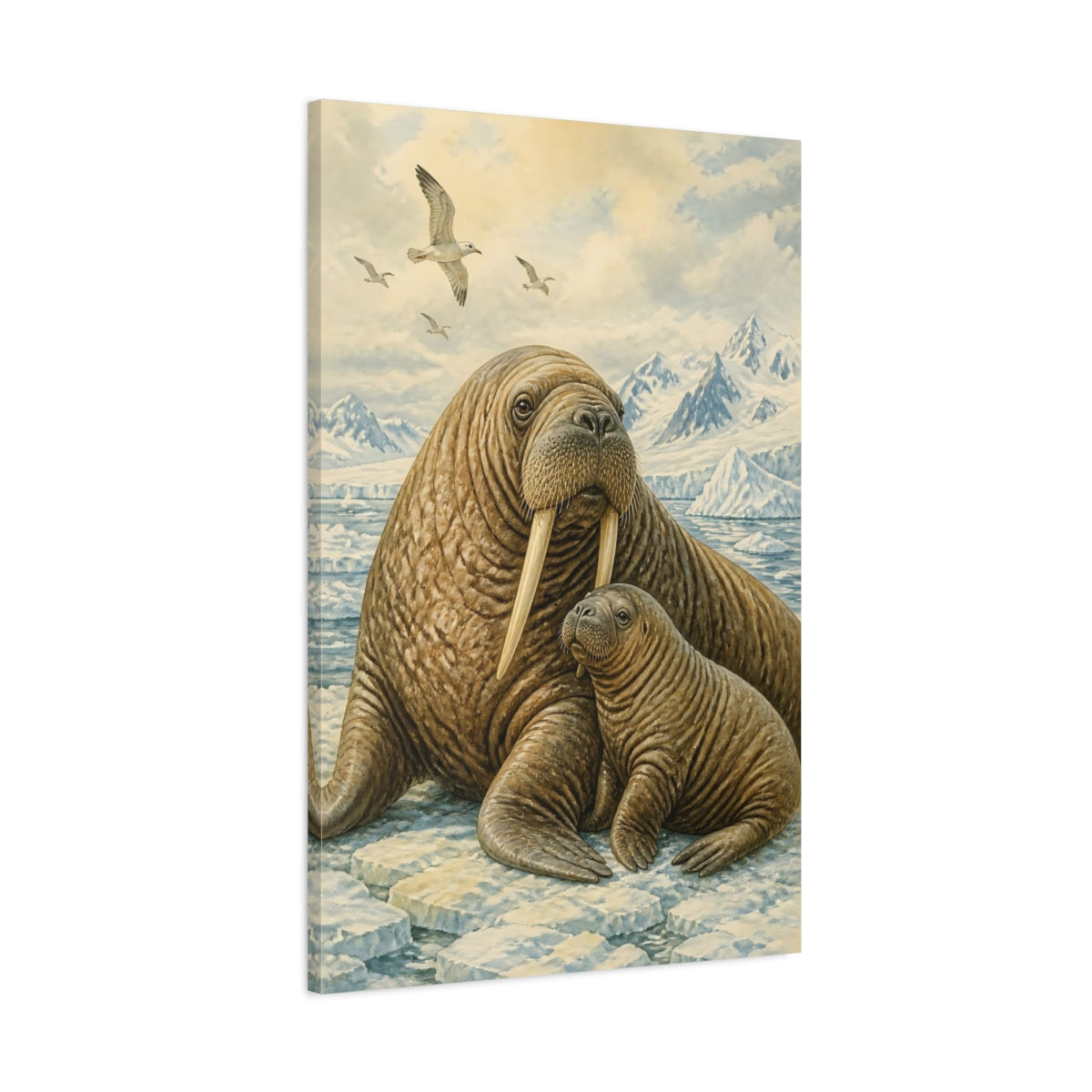 Main Mockup. Animals Walrus Mother And Calf shown as canvas print