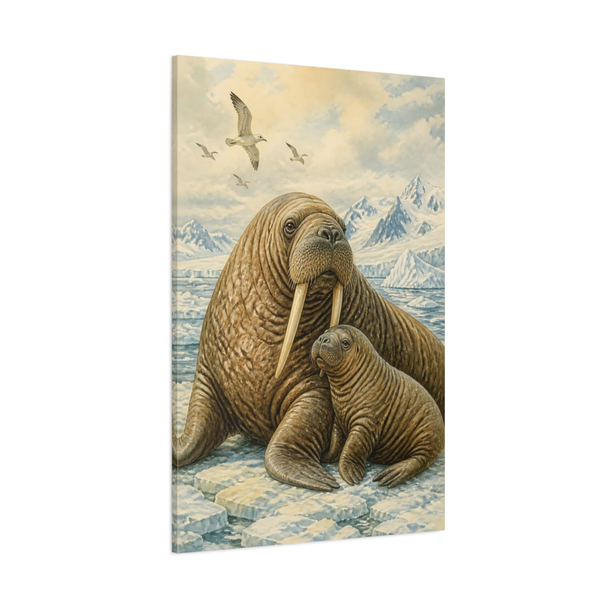 Side Mockup 1. Animals Walrus Mother And Calf shown as canvas print