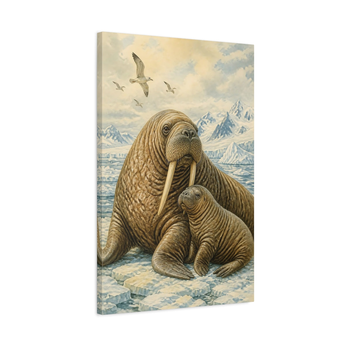 Side Mockup 2. Animals Walrus Mother And Calf shown as canvas print