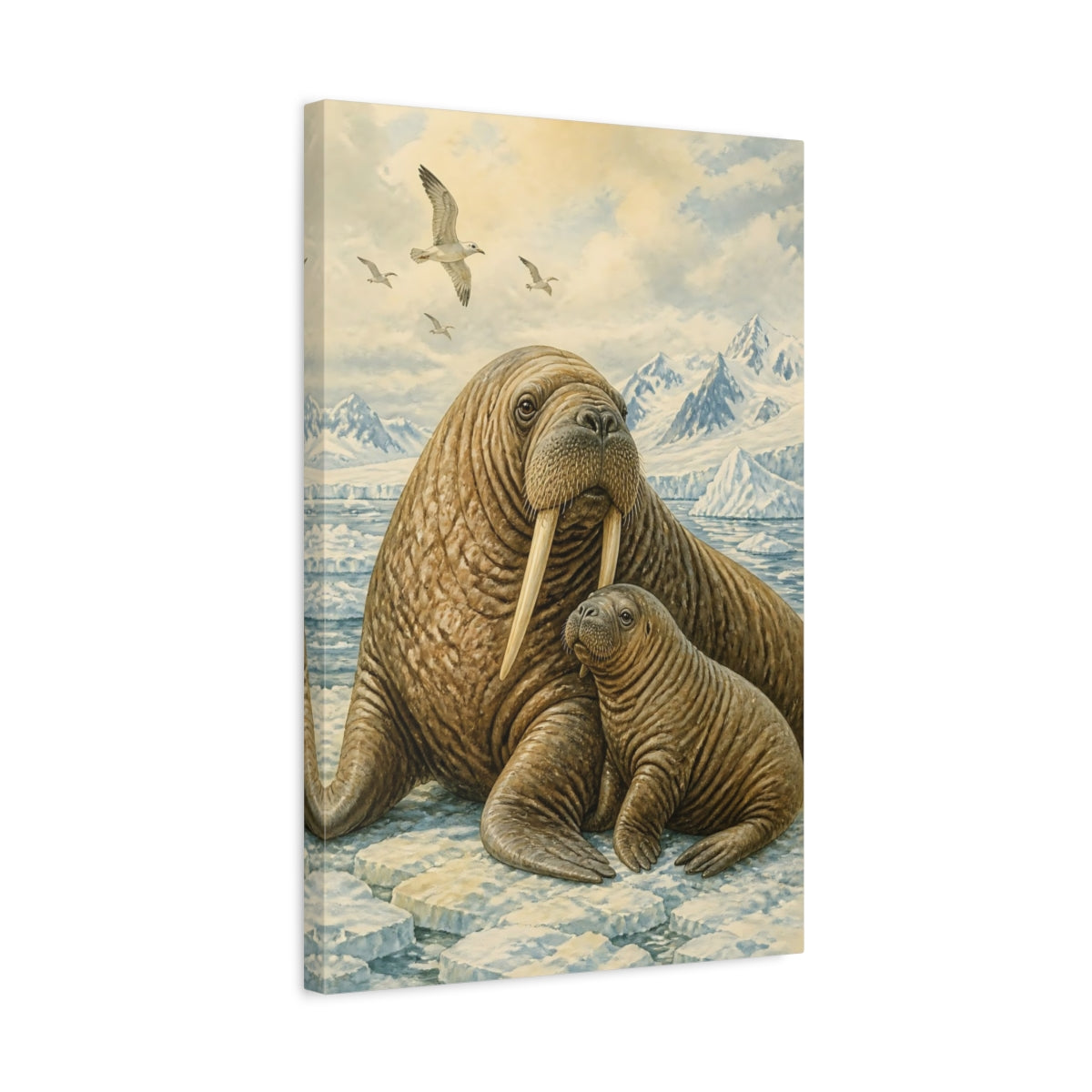 Side Mockup 3. Animals Walrus Mother And Calf shown as canvas print