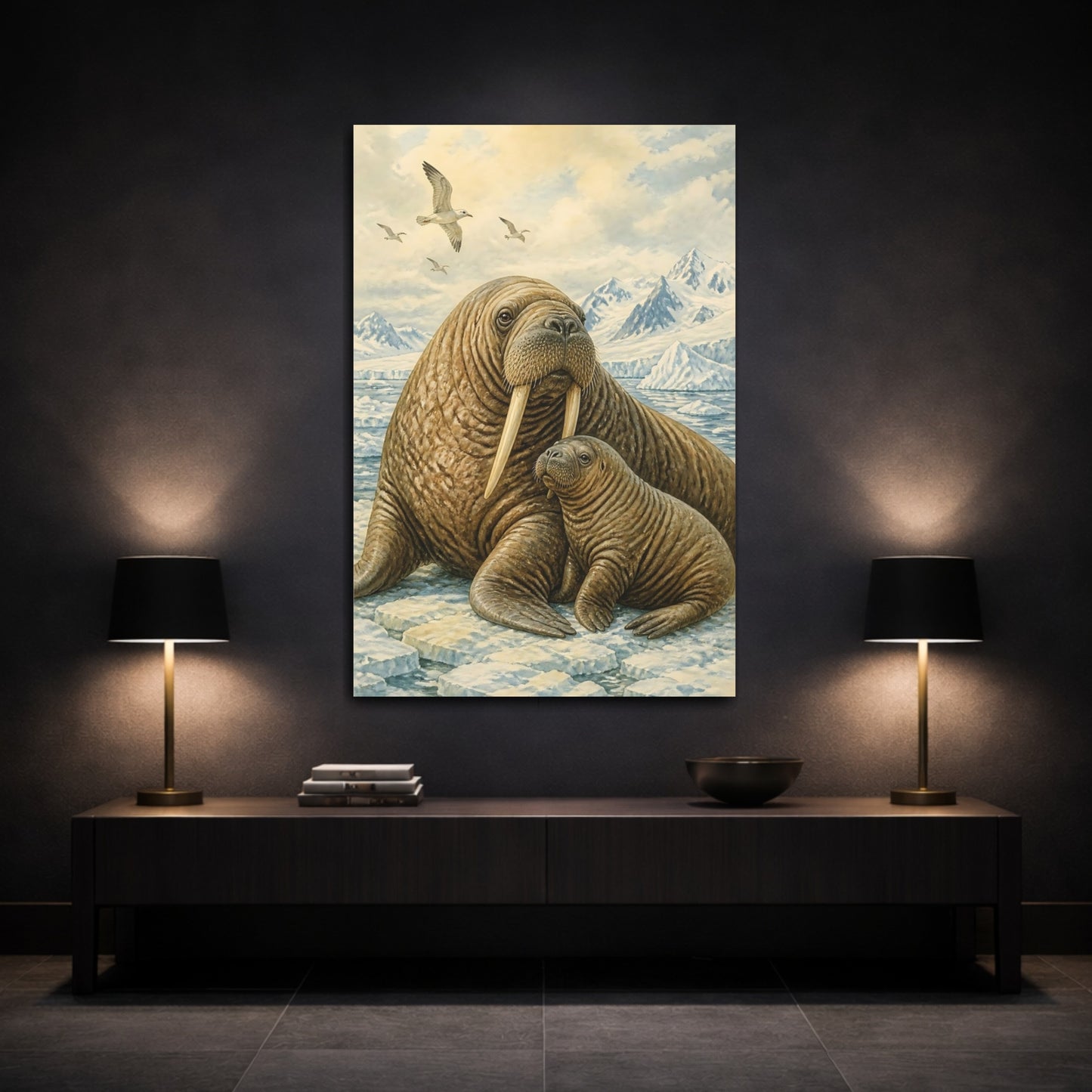 Mockup 3. Animals Walrus Mother And Calf shown as canvas print