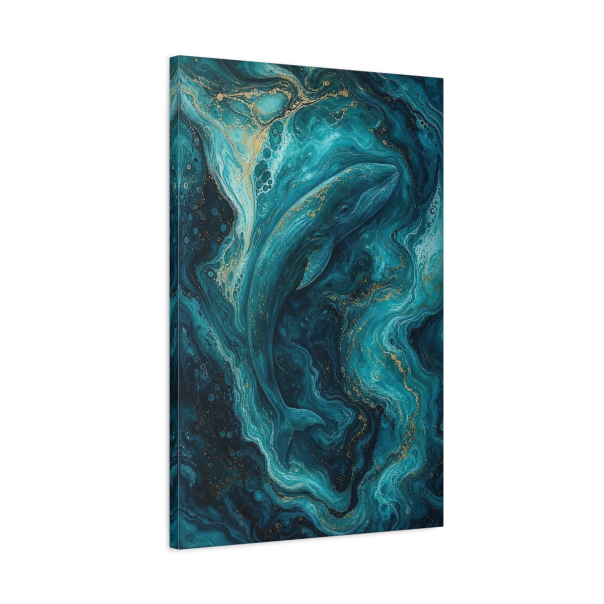 Side Mockup 2. Animals Whale Blue And Gold shown as stretched canvas wall art