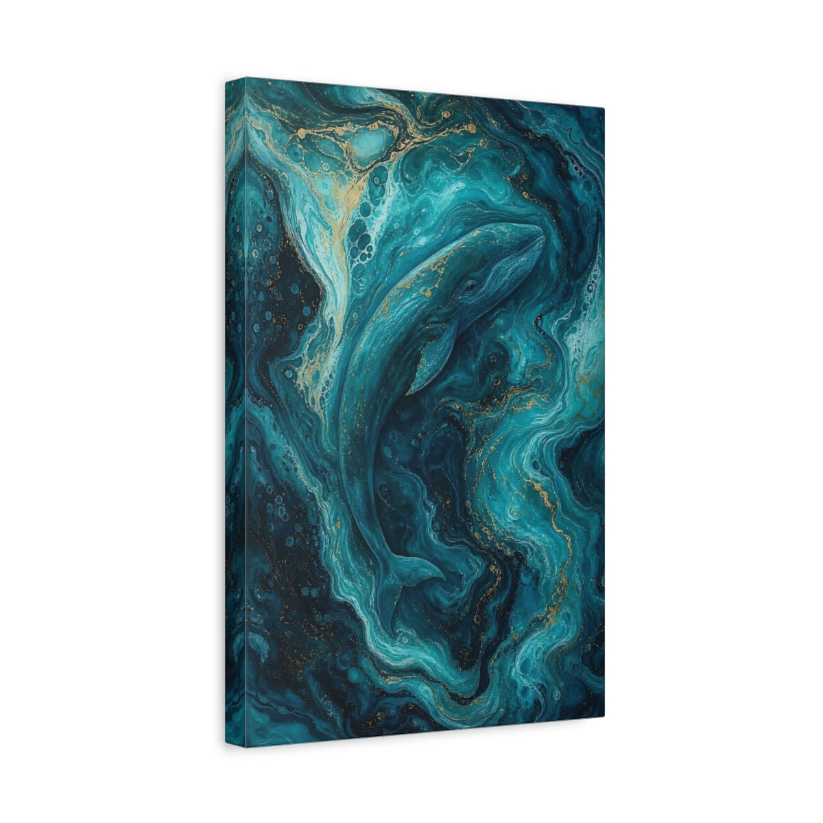 Side Mockup 4. Animals Whale Blue And Gold shown as stretched canvas wall art