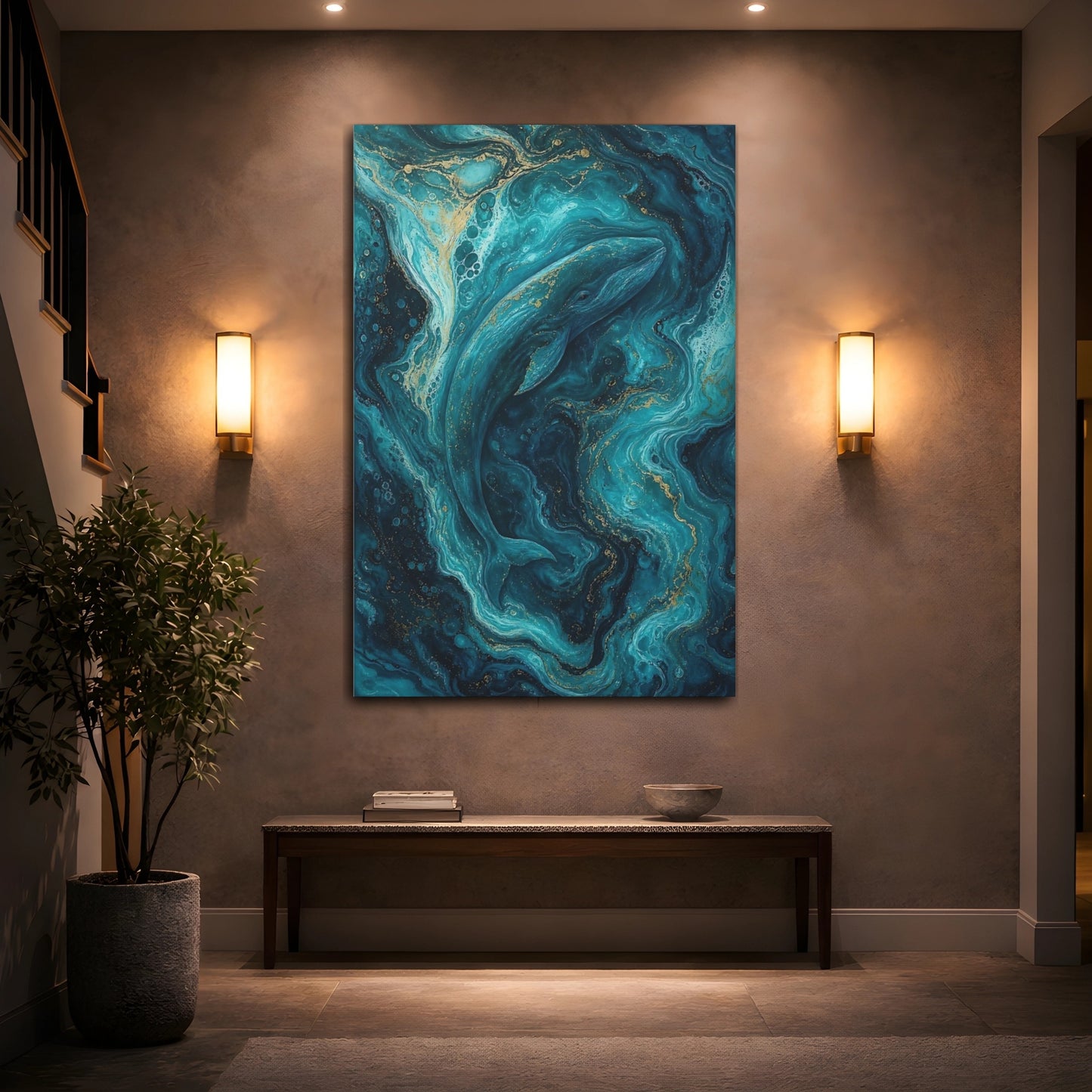 Mockup 2. Animals Whale Blue And Gold shown as stretched canvas wall art