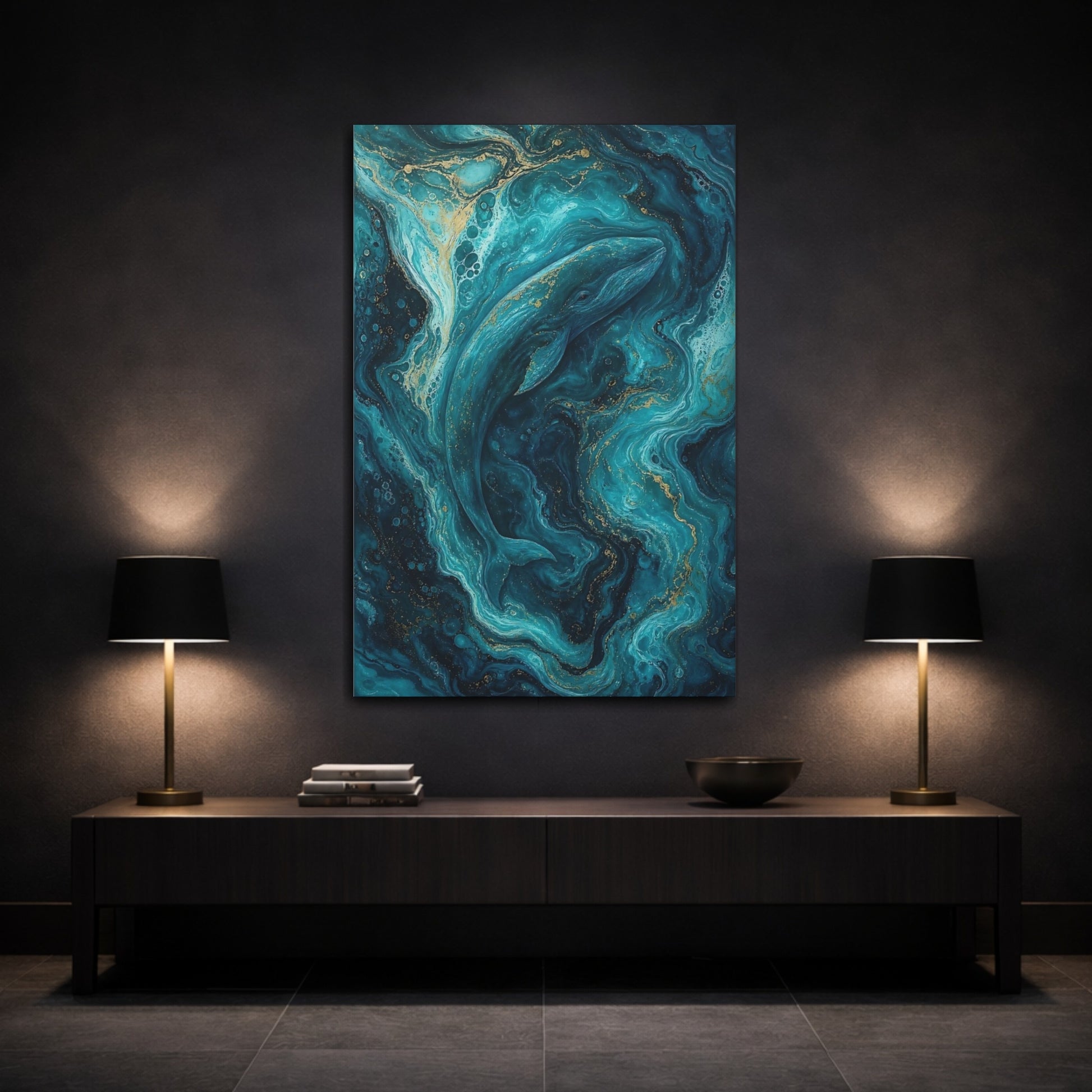 Mockup 3. Animals Whale Blue And Gold shown as stretched canvas wall art