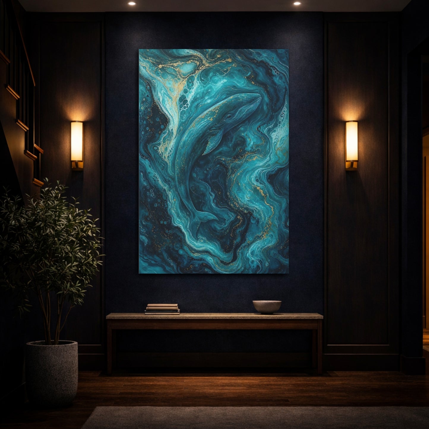 Mockup 4. Animals Whale Blue And Gold shown as stretched canvas wall art