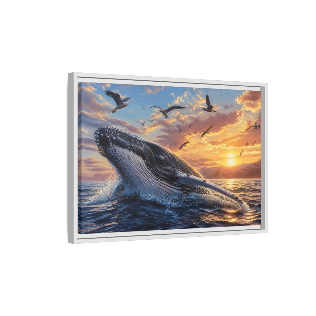 Side Mockup 1. Animals Whale Breaching Ocean Sunset Whale shown as stretched canvas wall art