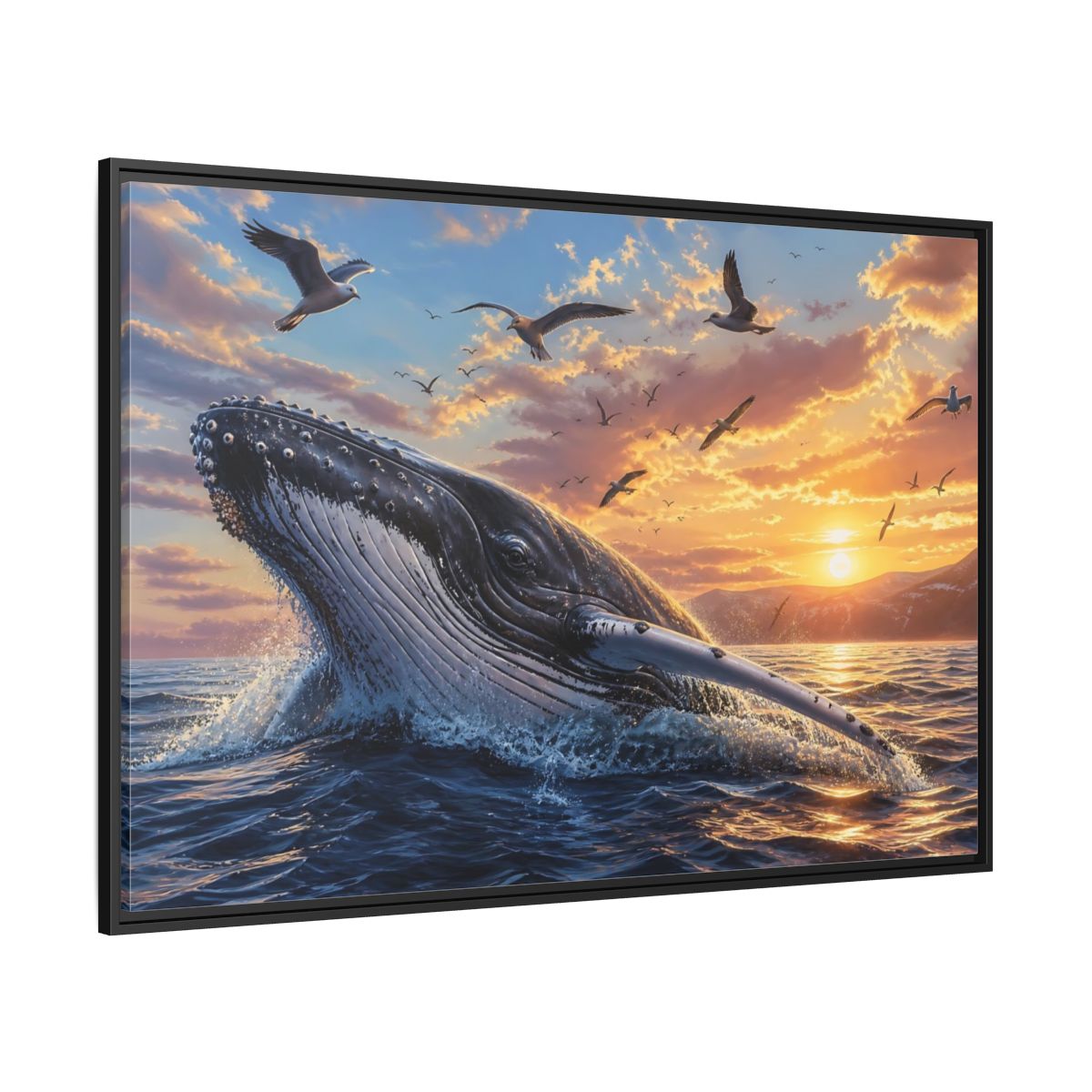 Side Mockup 12. Animals Whale Breaching Ocean Sunset Whale shown as stretched canvas wall art