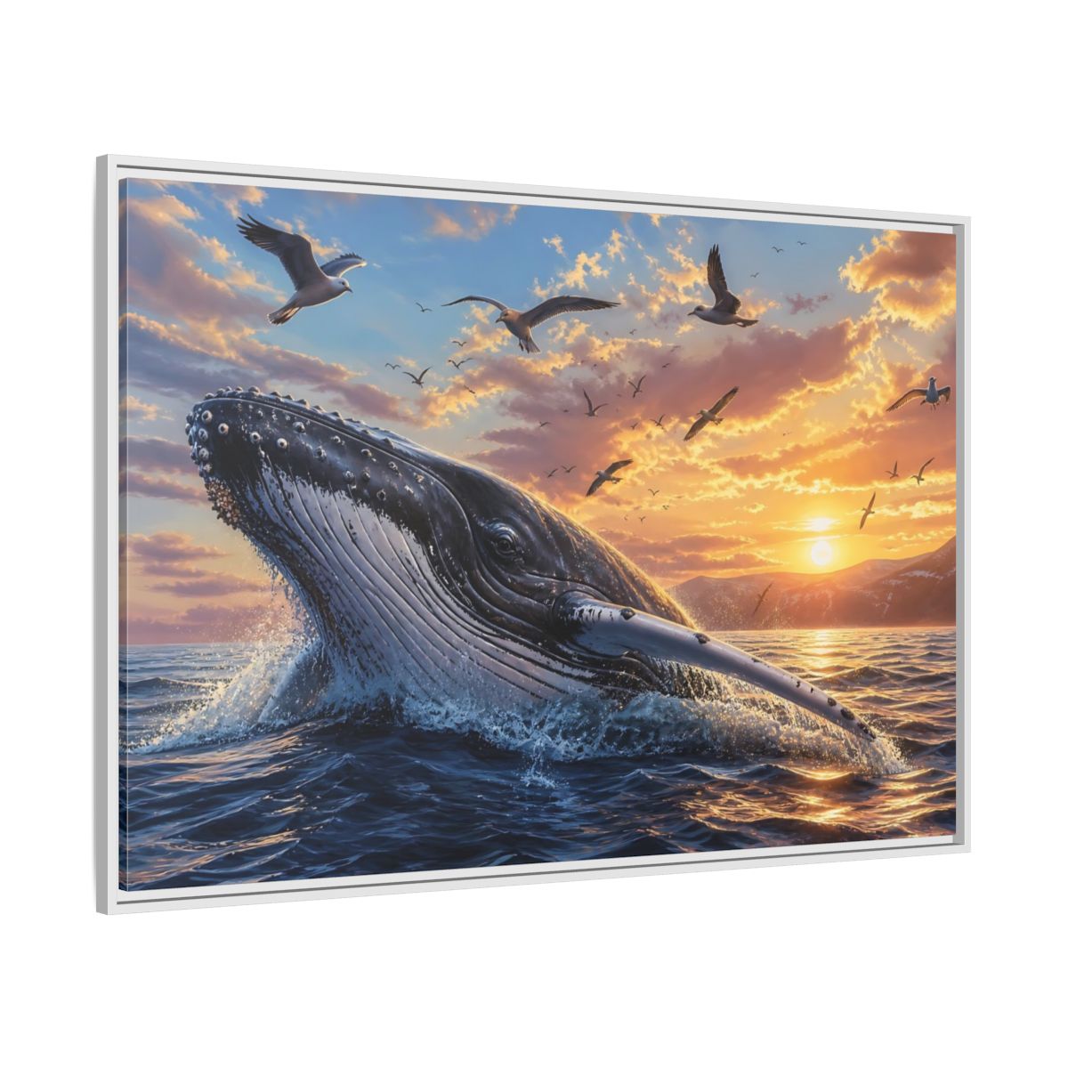Side Mockup 7. Animals Whale Breaching Ocean Sunset Whale shown as stretched canvas wall art