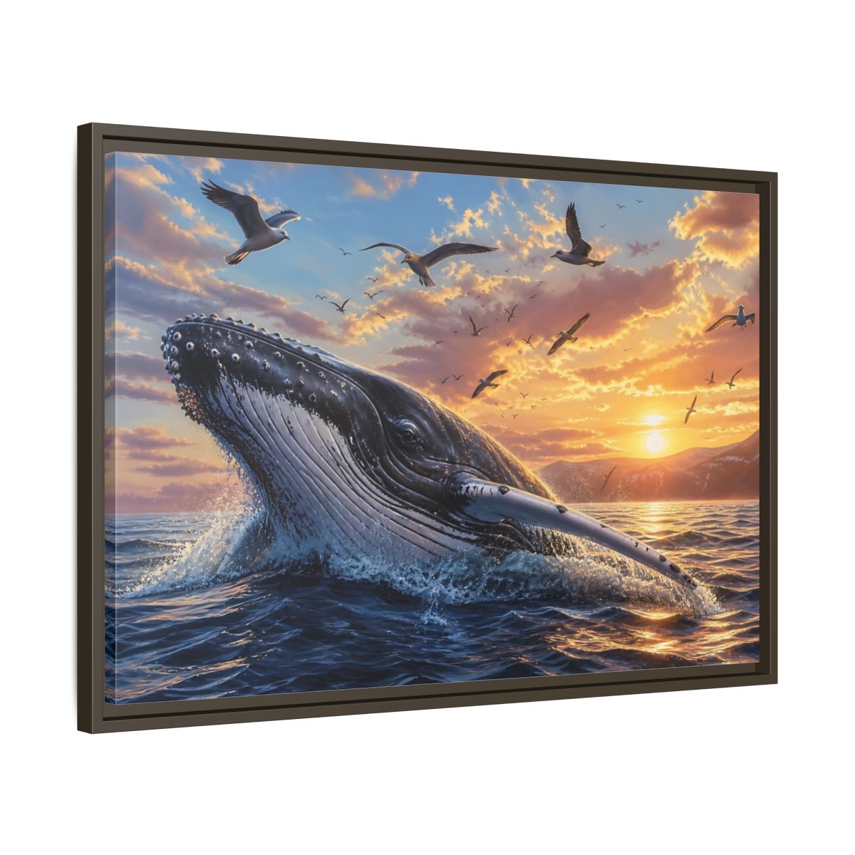 Side Mockup 11. Animals Whale Breaching Ocean Sunset Whale shown as stretched canvas wall art
