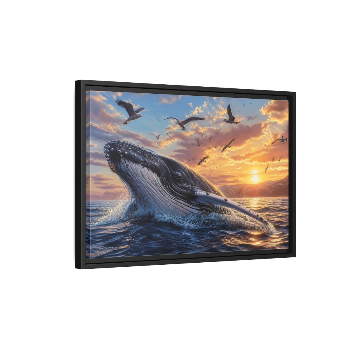 Side Mockup 3. Animals Whale Breaching Ocean Sunset Whale shown as stretched canvas wall art