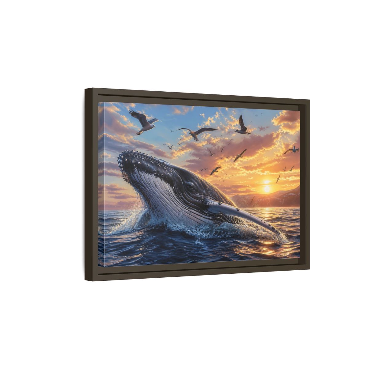 Side Mockup 5. Animals Whale Breaching Ocean Sunset Whale shown as stretched canvas wall art