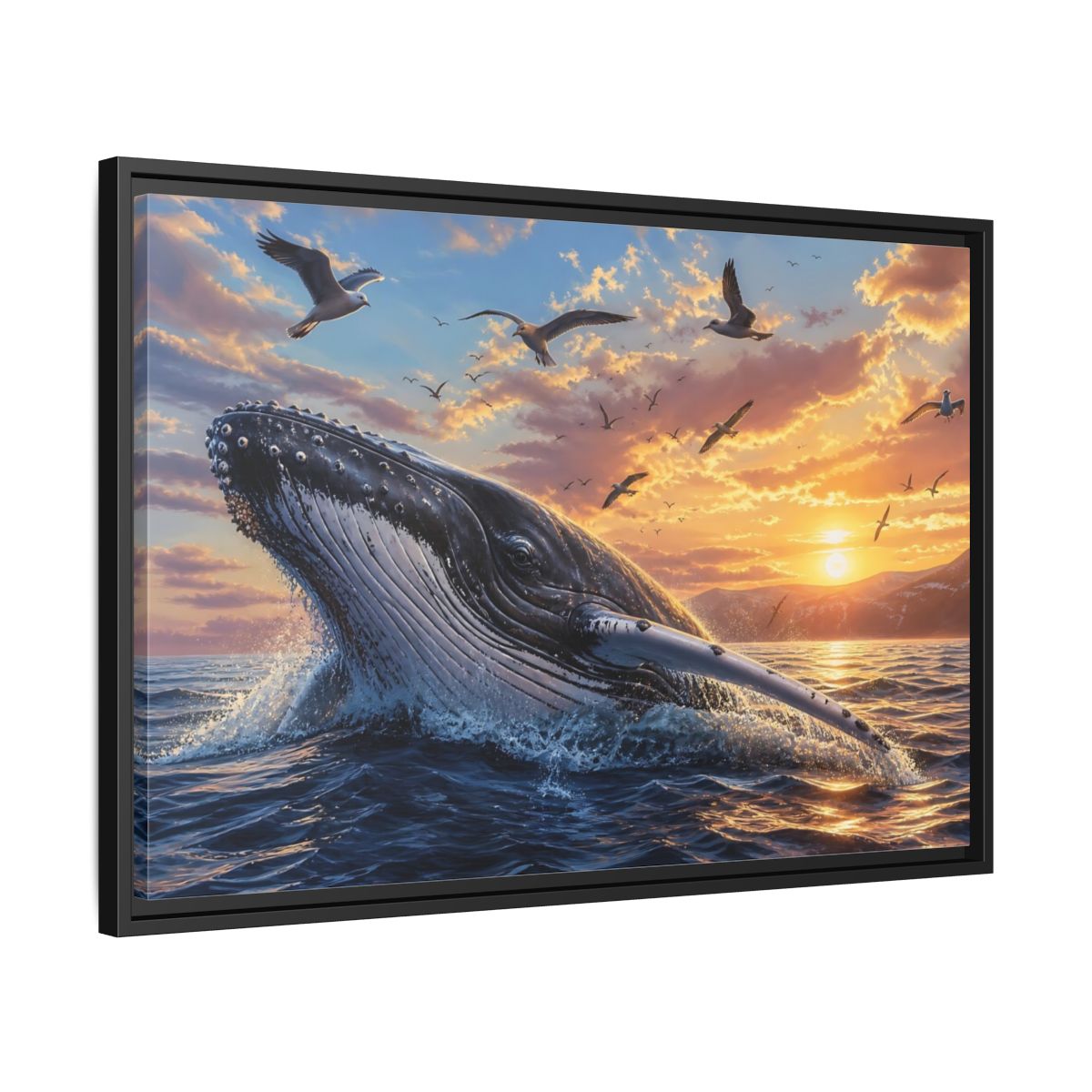 Side Mockup 14. Animals Whale Breaching Ocean Sunset Whale shown as stretched canvas wall art