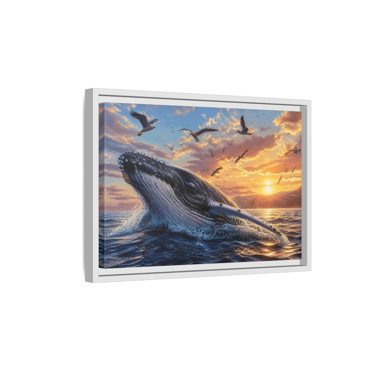 Side Mockup 4. Animals Whale Breaching Ocean Sunset Whale shown as stretched canvas wall art