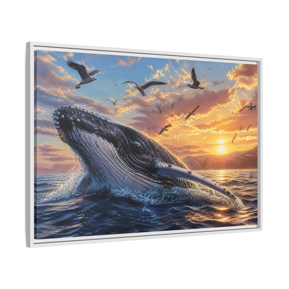 Side Mockup 9. Animals Whale Breaching Ocean Sunset Whale shown as stretched canvas wall art