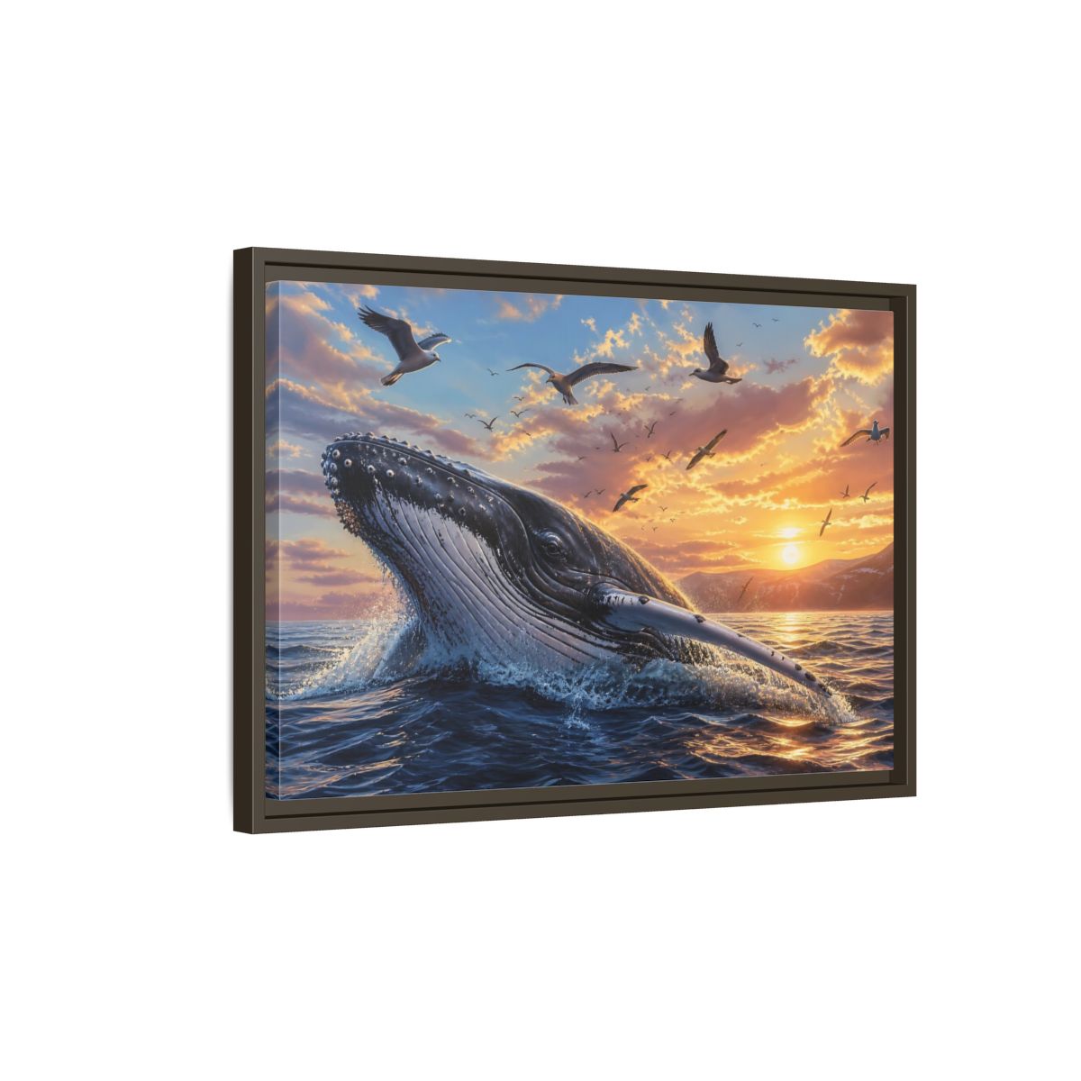 Side Mockup 2. Animals Whale Breaching Ocean Sunset Whale shown as stretched canvas wall art