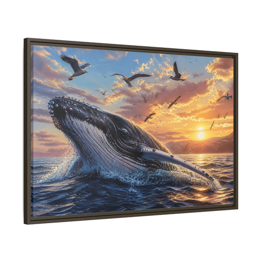 Main Mockup. Animals Whale Breaching Ocean Sunset Whale shown as stretched canvas wall art