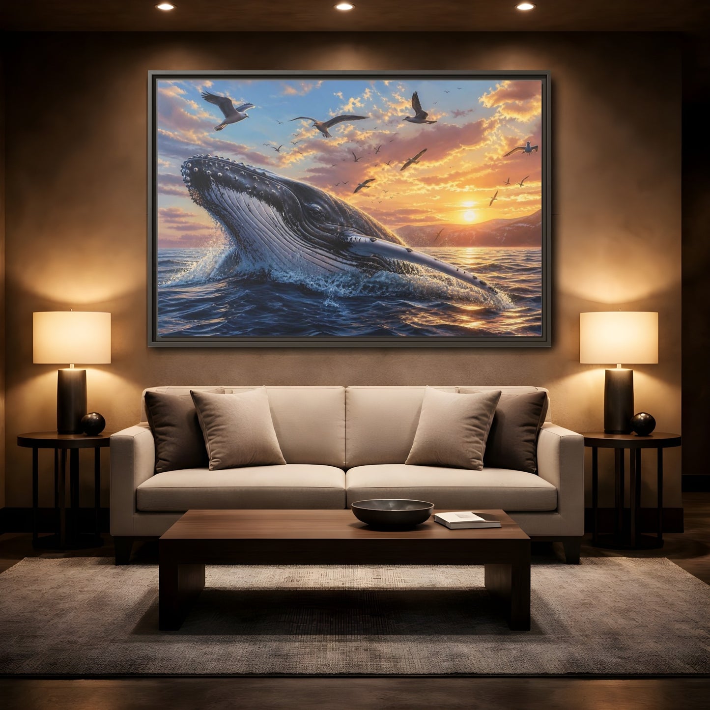 Mockup 2. Animals Whale Breaching Ocean Sunset Whale shown as stretched canvas wall art