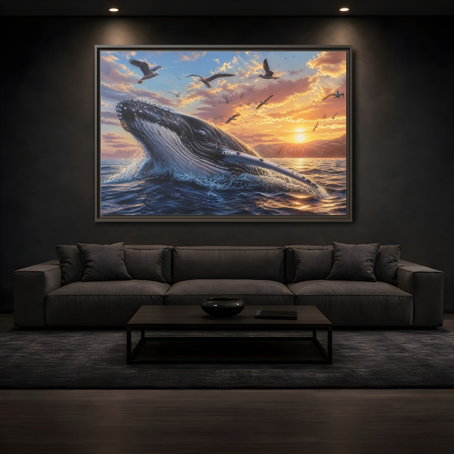 Mockup 3. Animals Whale Breaching Ocean Sunset Whale shown as stretched canvas wall art