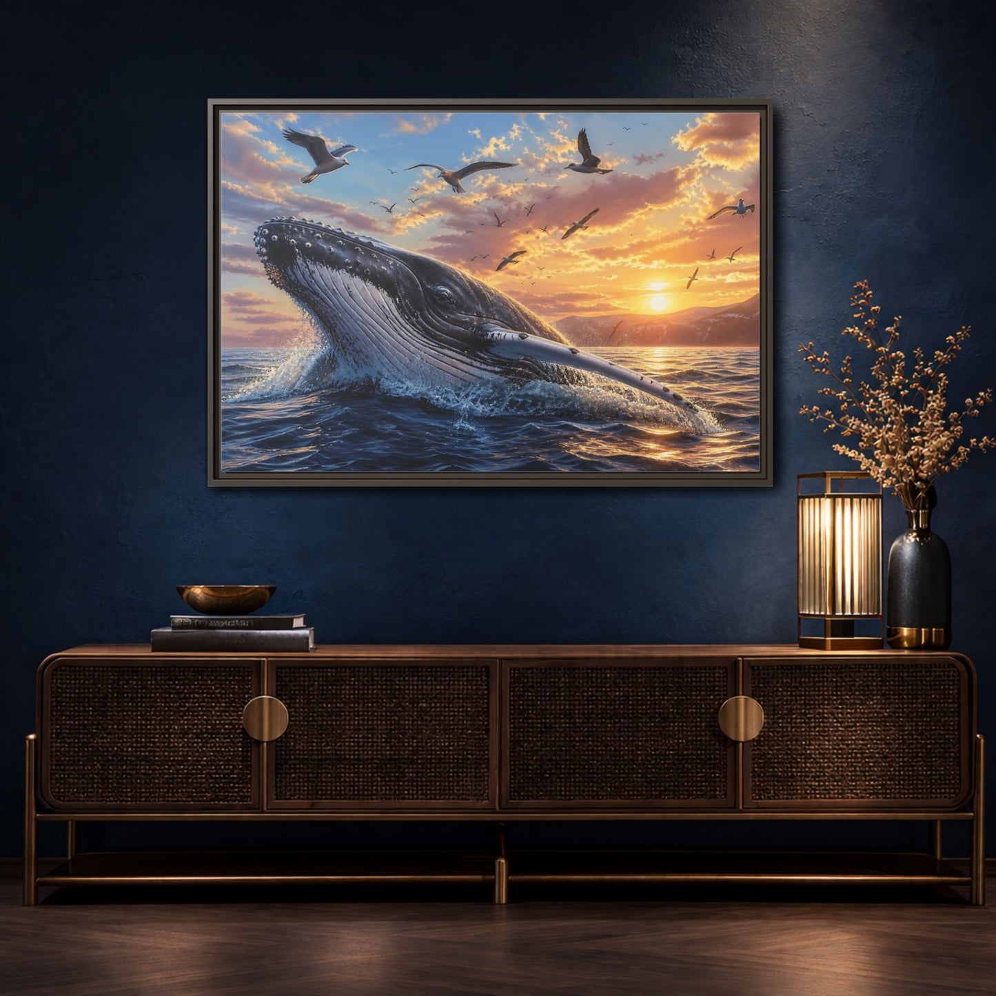 Mockup 4. Animals Whale Breaching Ocean Sunset Whale shown as stretched canvas wall art
