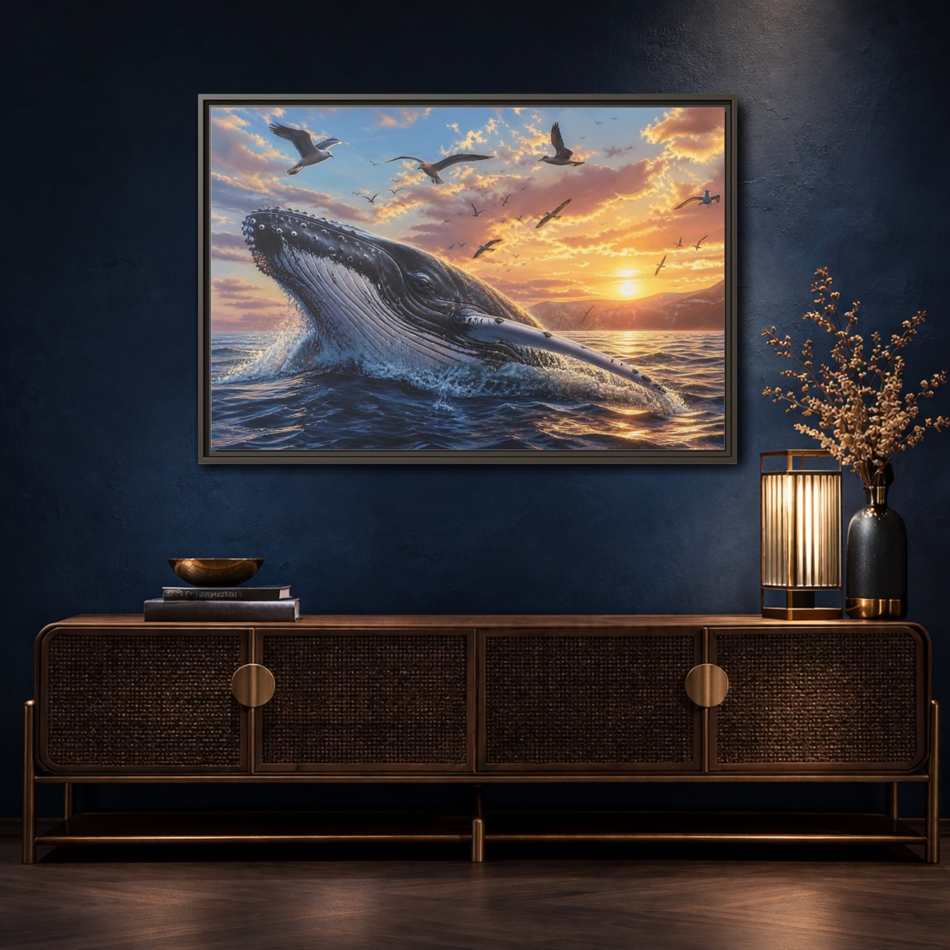 Mockup 4. Animals Whale Breaching Ocean Sunset Whale shown as stretched canvas wall art