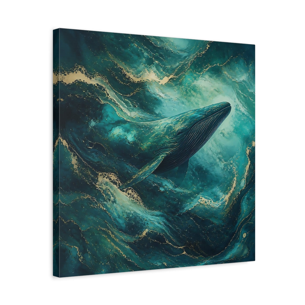 Side Mockup 5. Animals Whale Teal Gold Whale shown as stretched canvas wall art