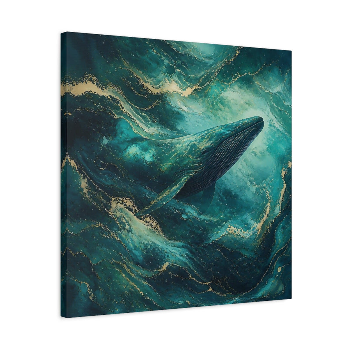 Side Mockup 4. Animals Whale Teal Gold Whale shown as stretched canvas wall art