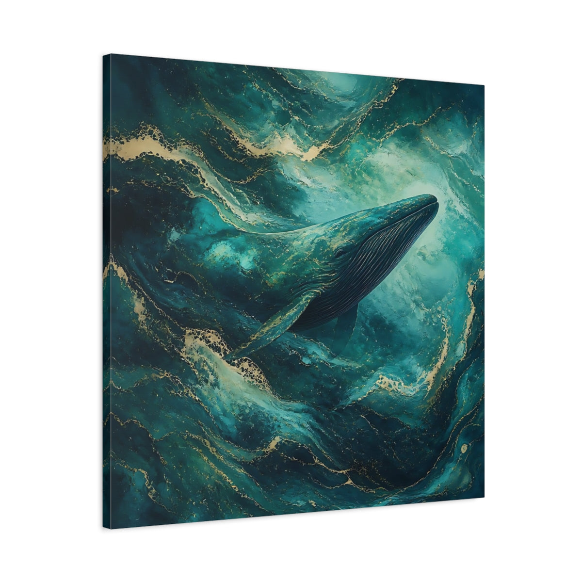 Side Mockup 3. Animals Whale Teal Gold Whale shown as stretched canvas wall art