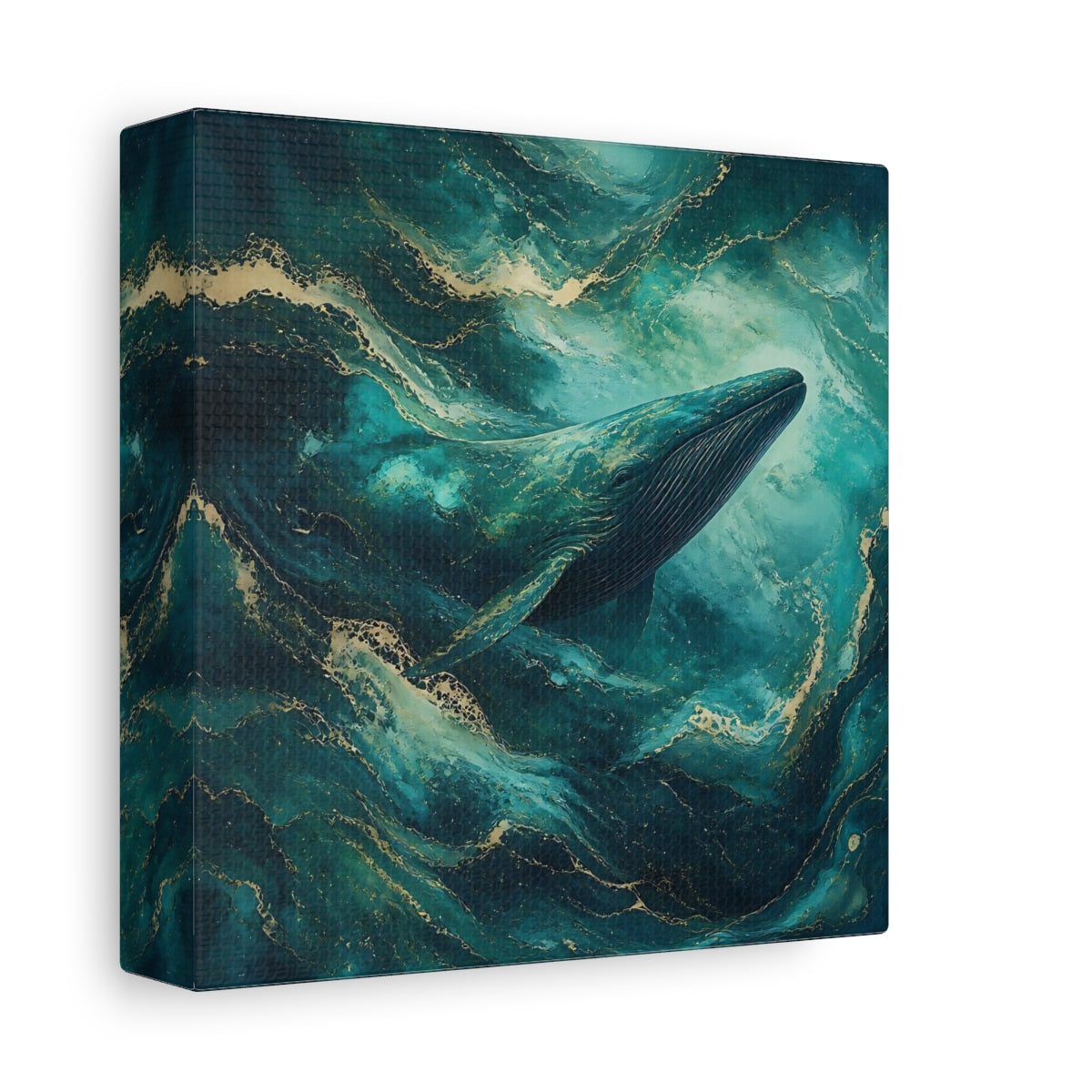 Side Mockup 2. Animals Whale Teal Gold Whale shown as stretched canvas wall art