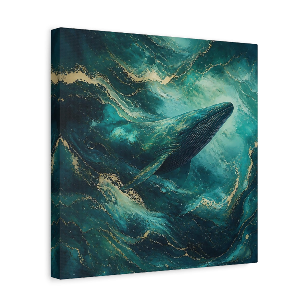 Side Mockup 7. Animals Whale Teal Gold Whale shown as stretched canvas wall art