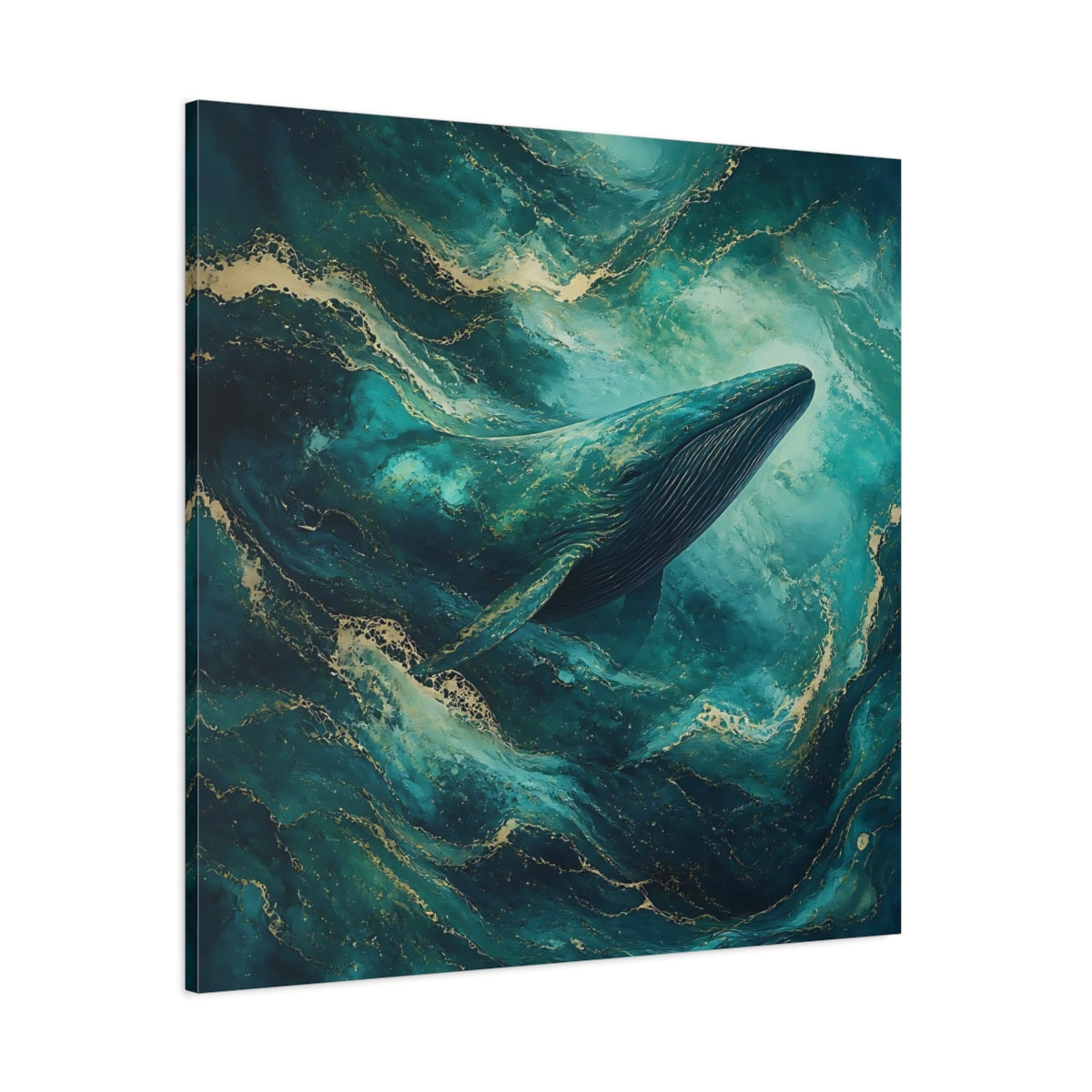 Side Mockup 1. Animals Whale Teal Gold Whale shown as stretched canvas wall art
